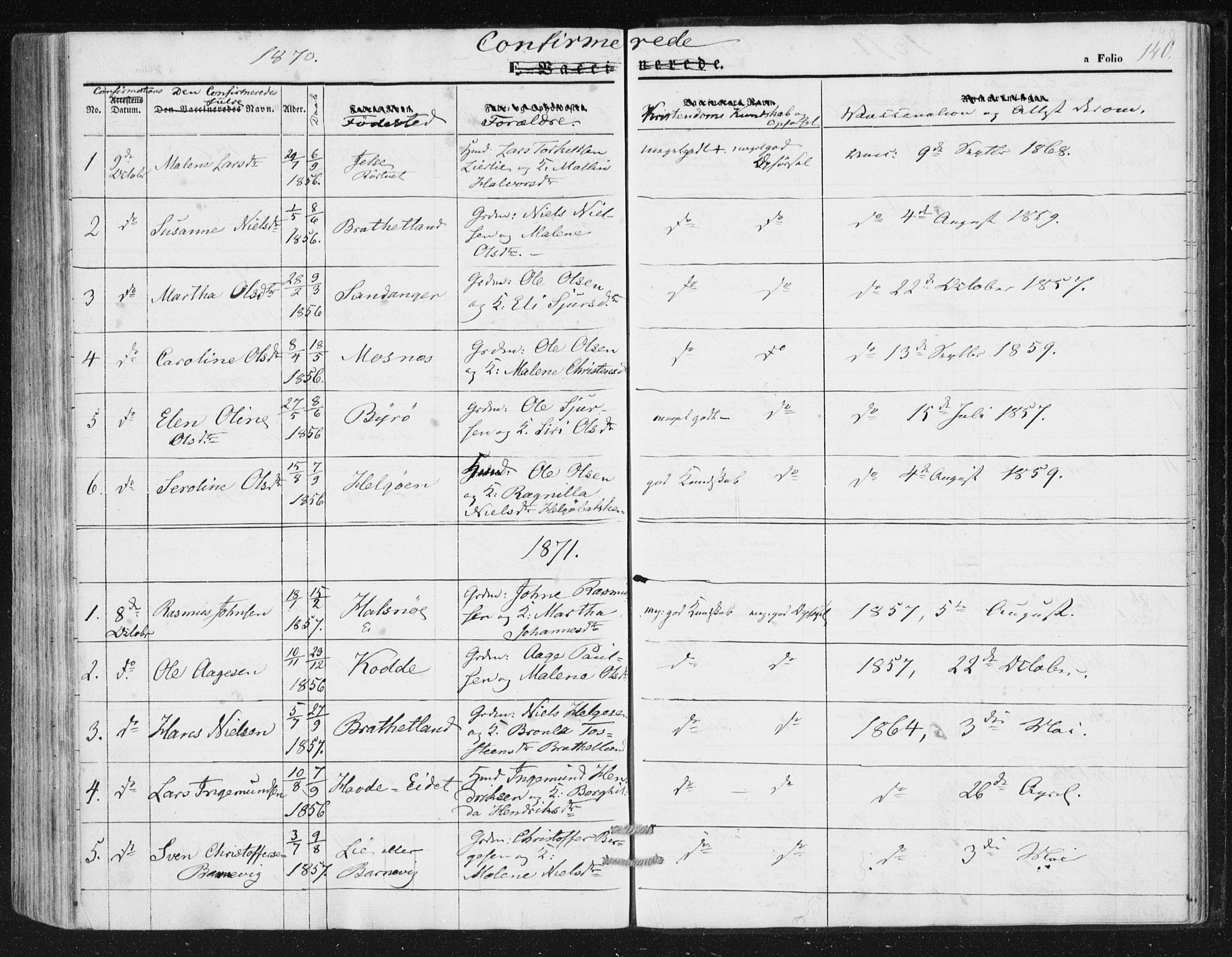 Hjelmeland sokneprestkontor, AV/SAST-A-101843/01/IV/L0010: Parish register (official) no. A 10, 1851-1871, p. 140