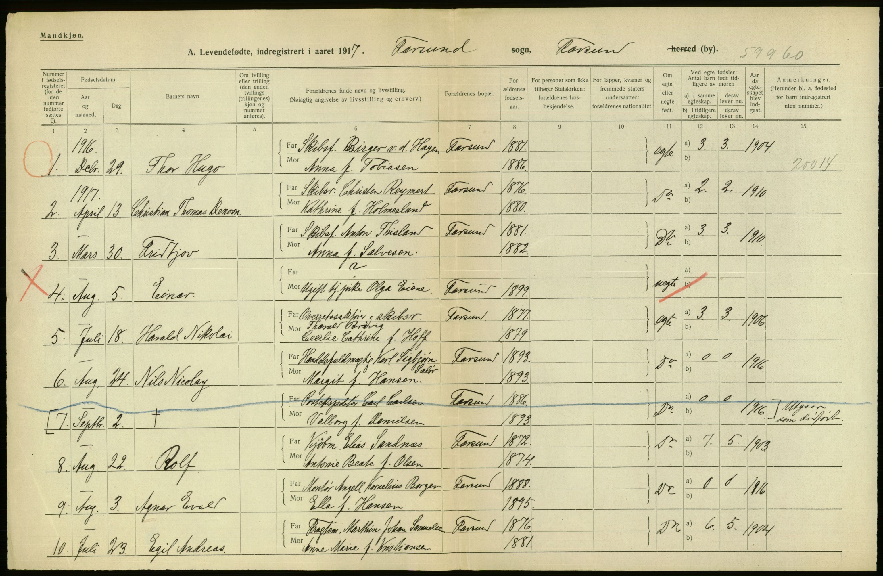 Statistisk sentralbyrå, Sosiodemografiske emner, Befolkning, AV/RA-S-2228/D/Df/Dfb/Dfbg/L0029: Lister og Mandals amt: Levendefødte menn og kvinner. Bygder og byer., 1917, p. 72