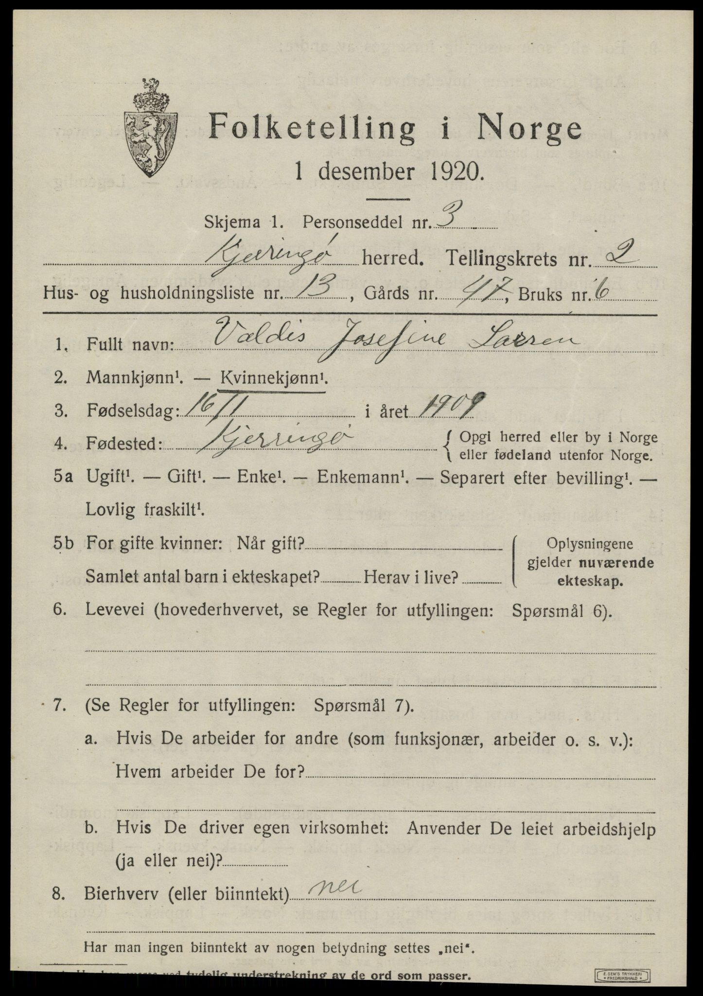 SAT, 1920 census for Kjerringøy, 1920, p. 1011