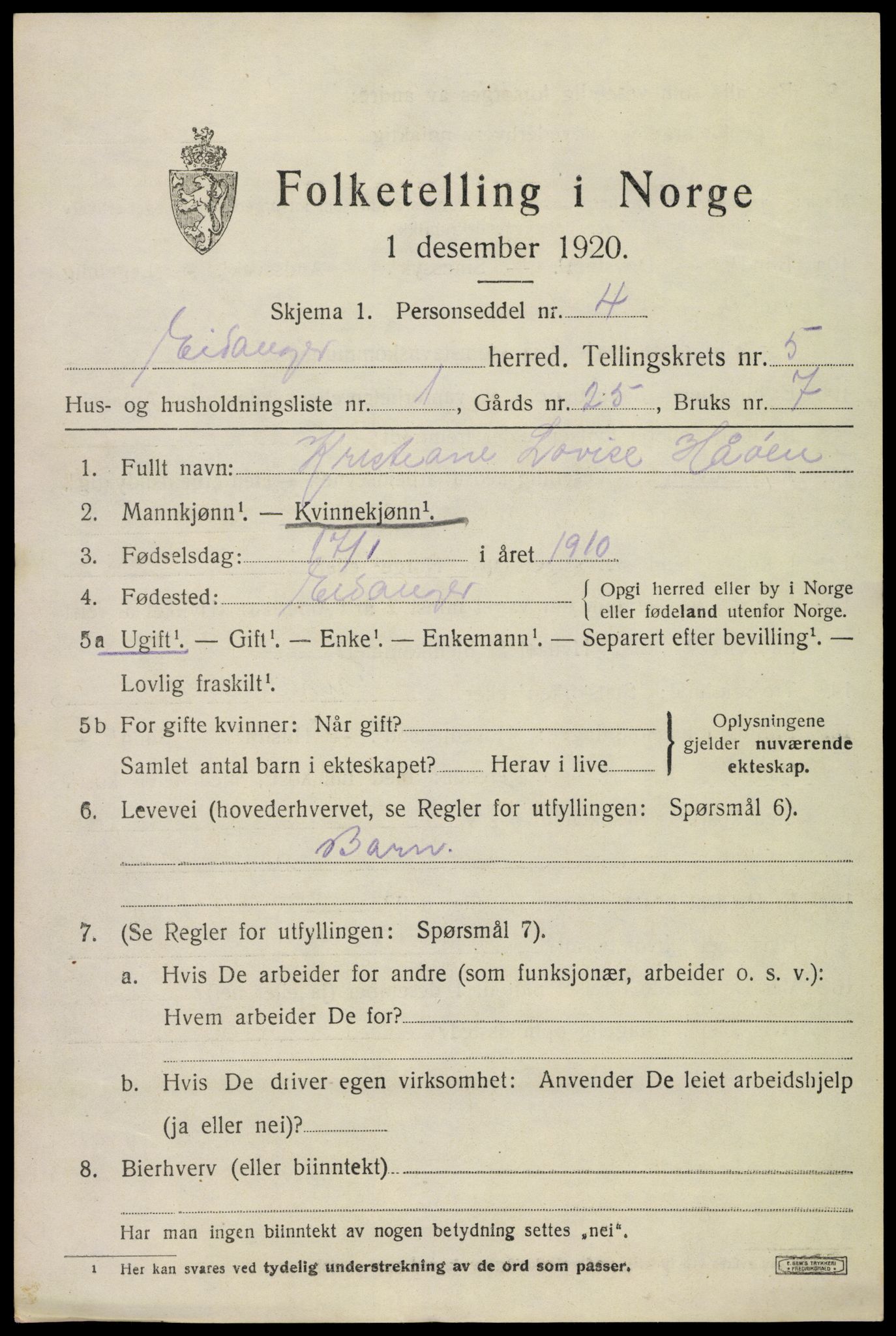 SAKO, 1920 census for Eidanger, 1920, p. 5014