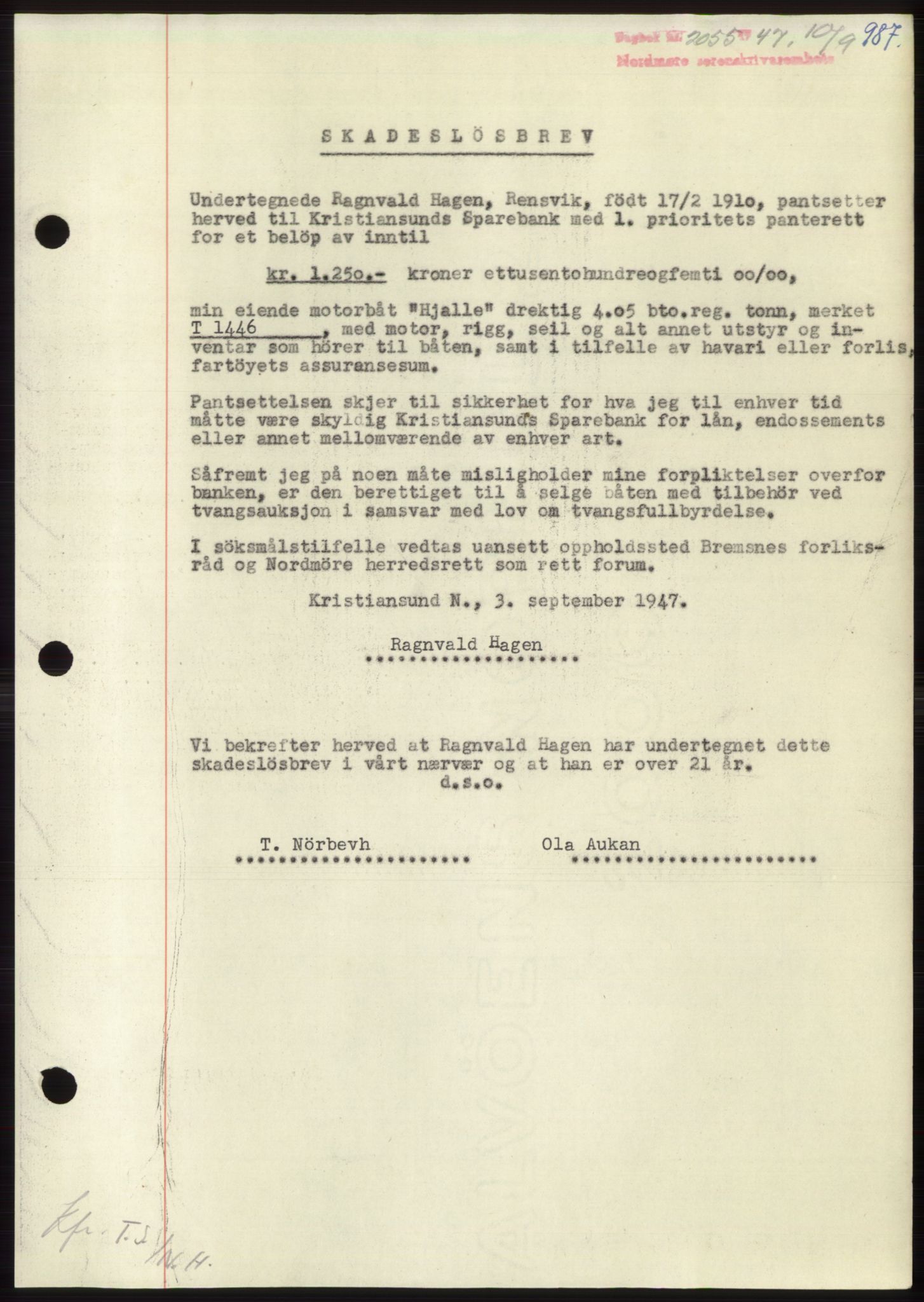 Nordmøre sorenskriveri, AV/SAT-A-4132/1/2/2Ca: Mortgage book no. B96, 1947-1947, Diary no: : 2055/1947