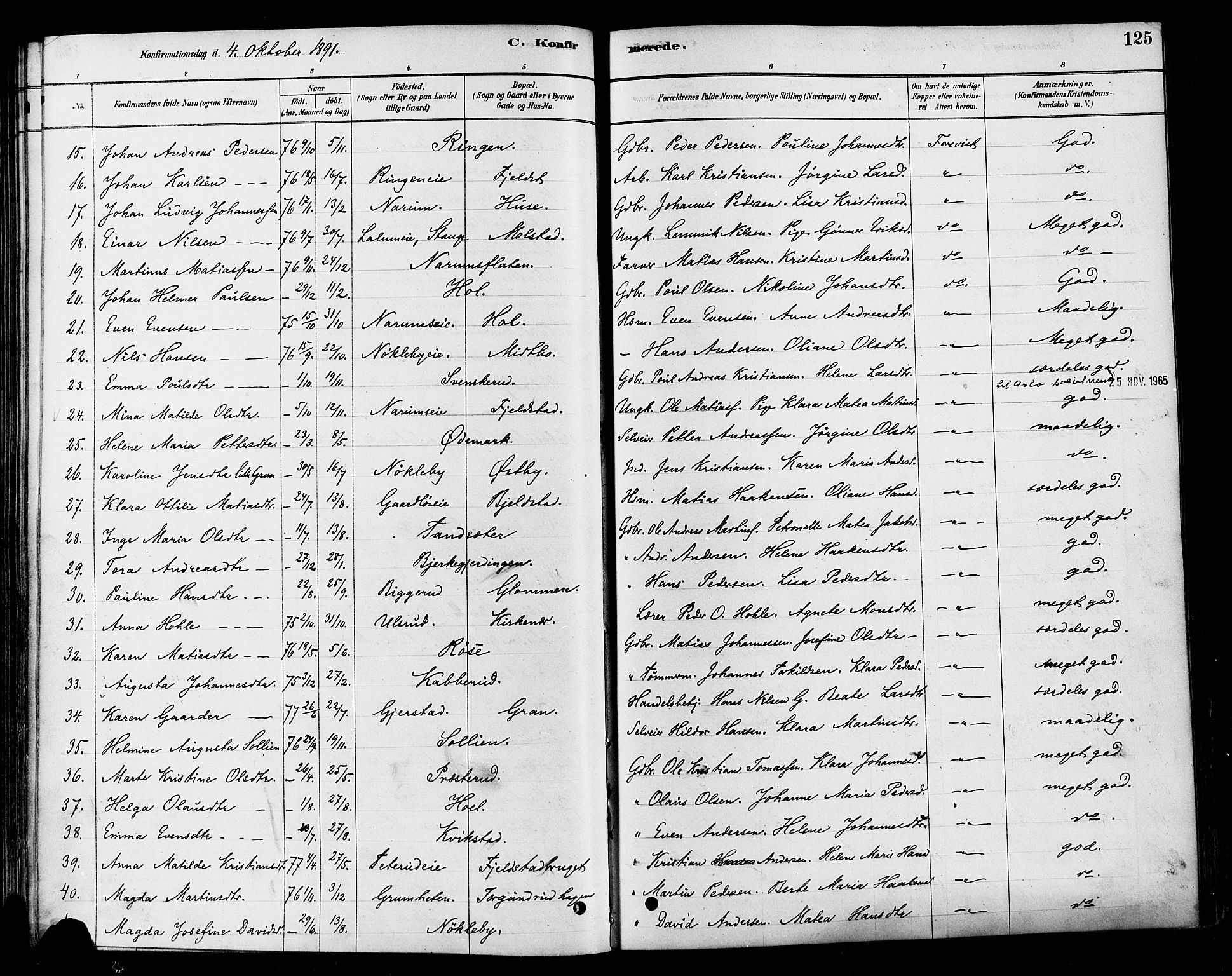 Vestre Toten prestekontor, SAH/PREST-108/H/Ha/Haa/L0010: Parish register (official) no. 10, 1878-1894, p. 125