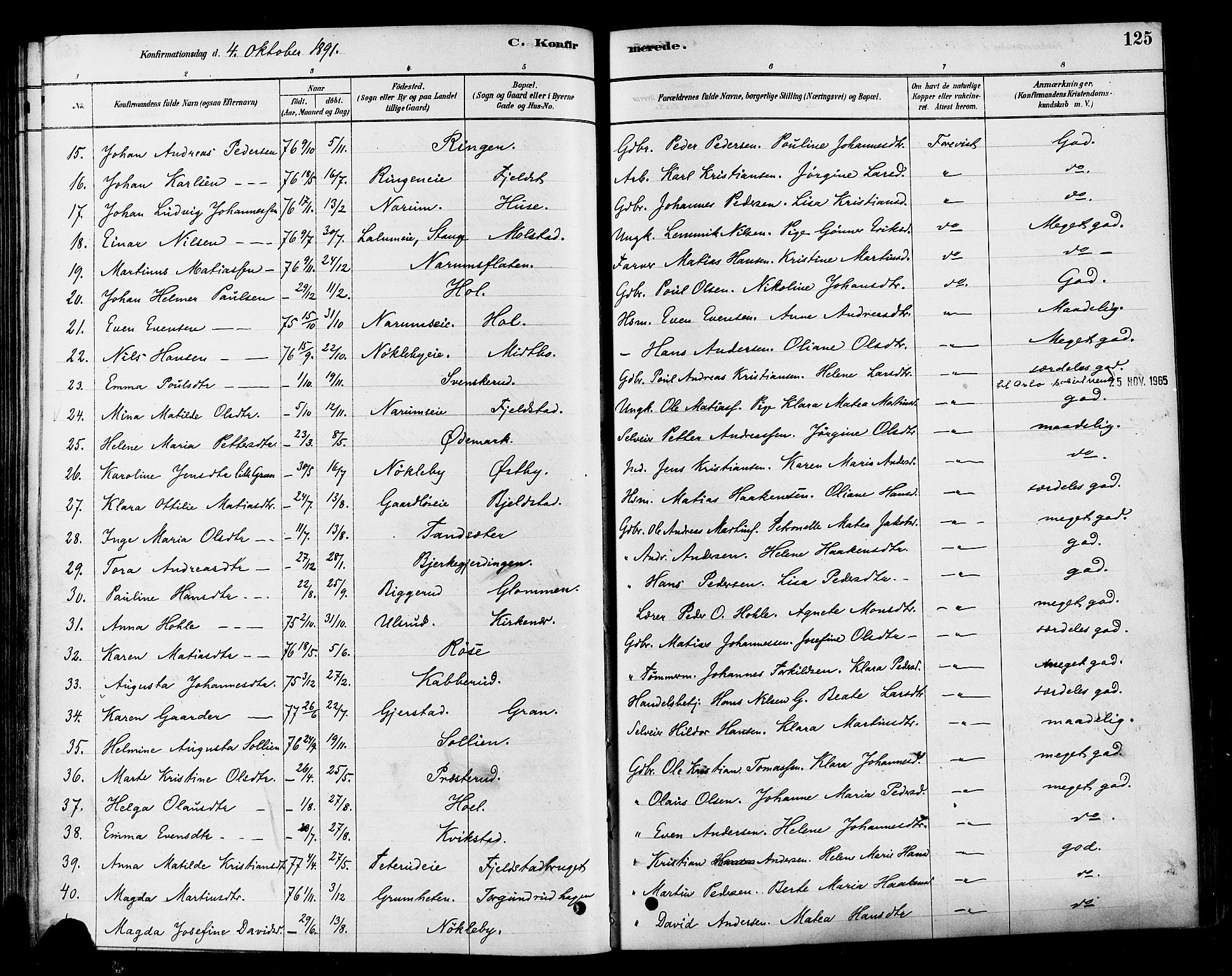 Vestre Toten prestekontor, AV/SAH-PREST-108/H/Ha/Haa/L0010: Parish register (official) no. 10, 1878-1894, p. 125