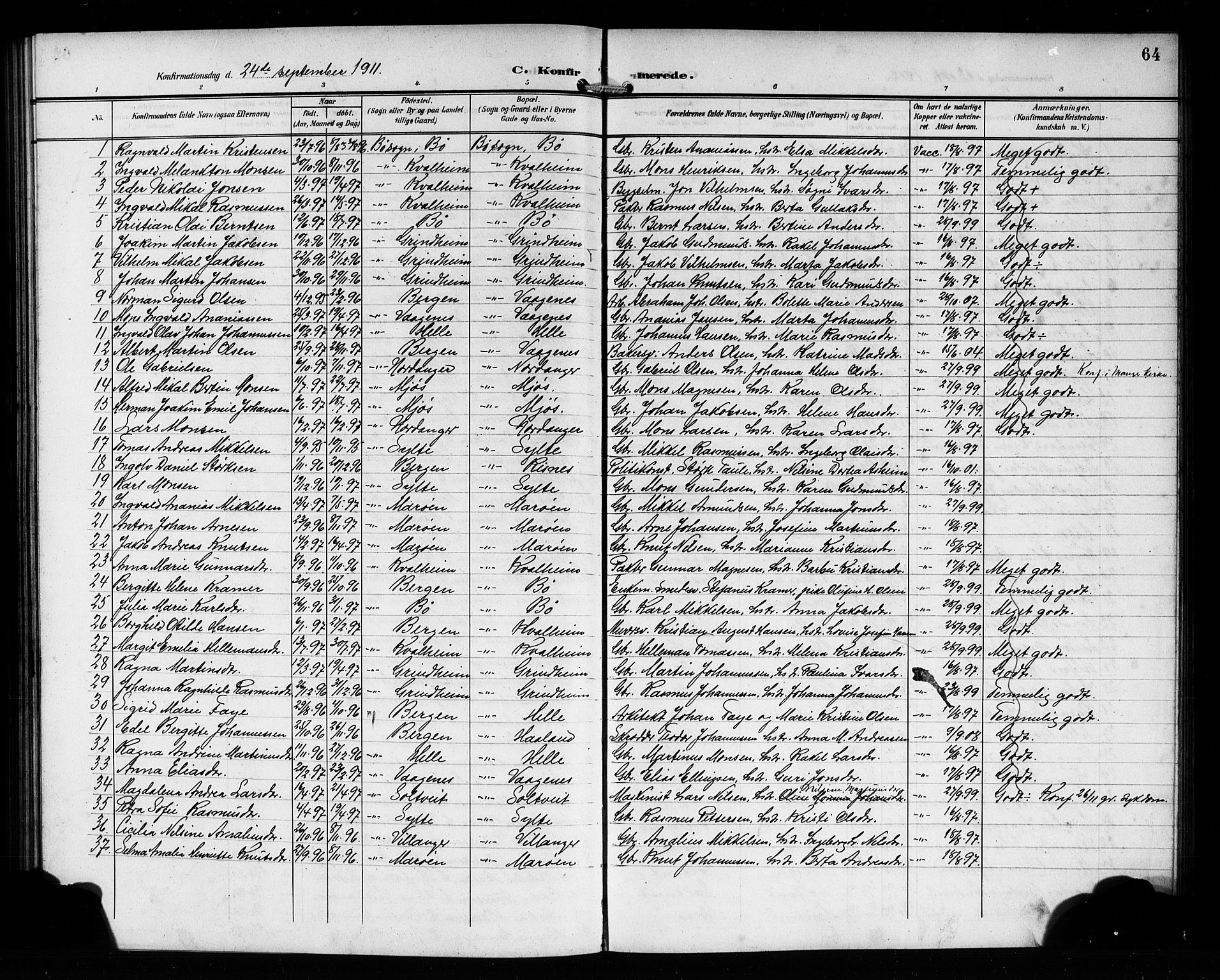 Manger sokneprestembete, AV/SAB-A-76801/H/Hab: Parish register (copy) no. B 4, 1907-1922, p. 64