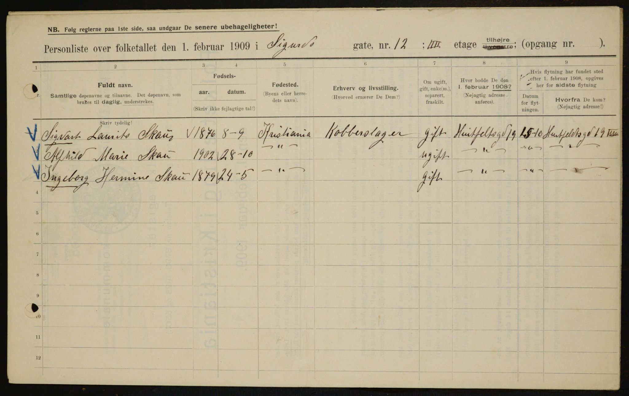 OBA, Municipal Census 1909 for Kristiania, 1909, p. 86313