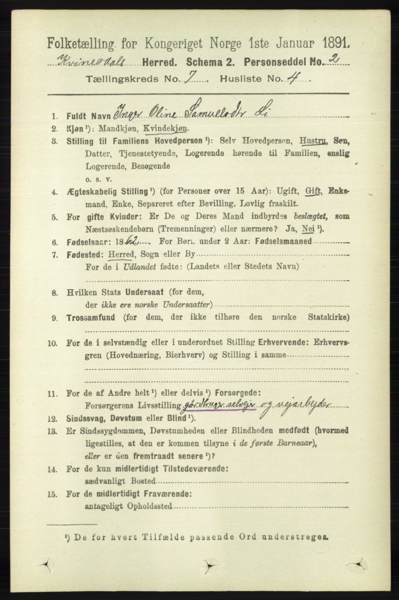 RA, 1891 census for 1037 Kvinesdal, 1891, p. 2440