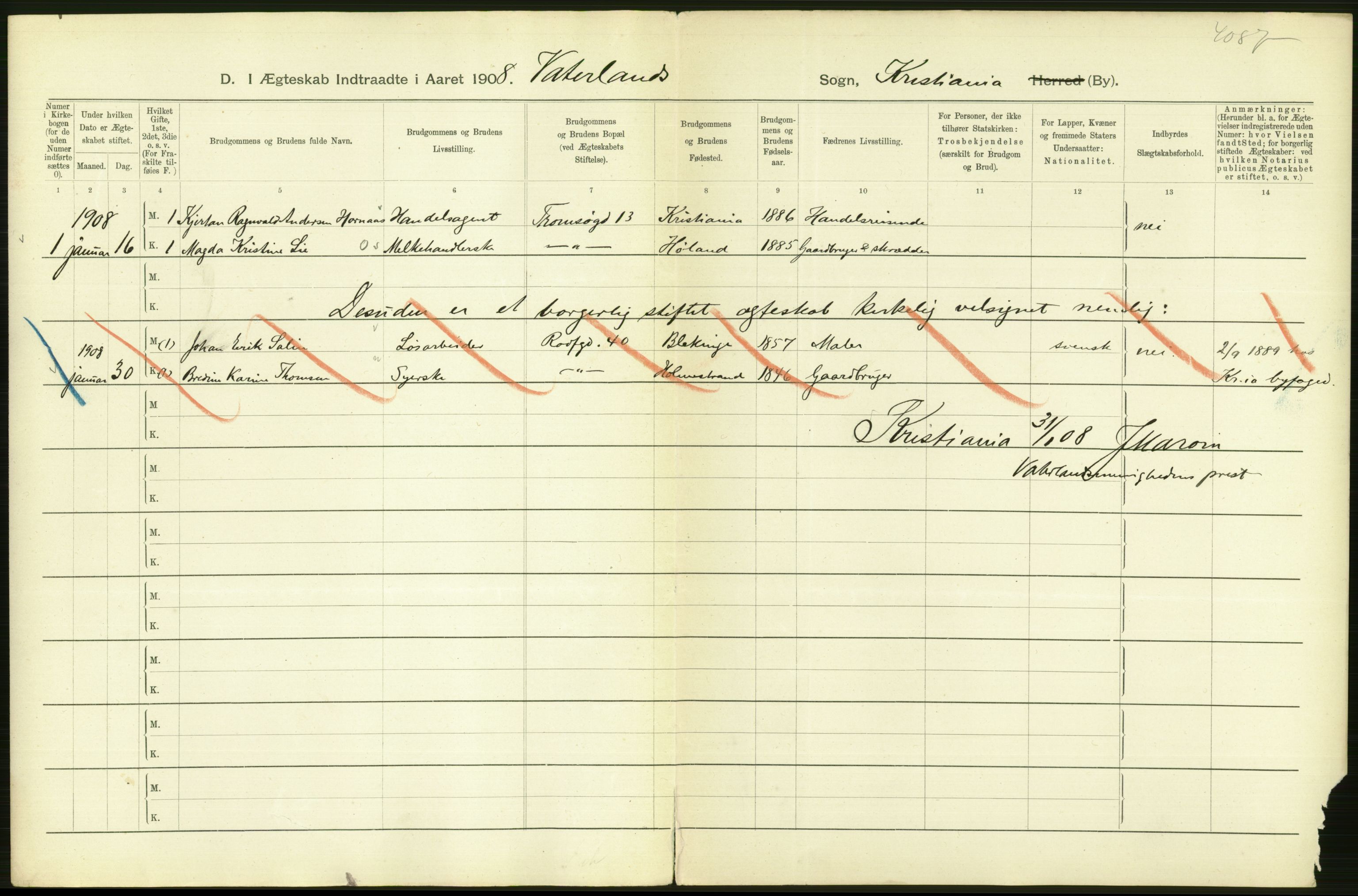 Statistisk sentralbyrå, Sosiodemografiske emner, Befolkning, AV/RA-S-2228/D/Df/Dfa/Dfaf/L0007: Kristiania: Gifte, 1908, p. 48