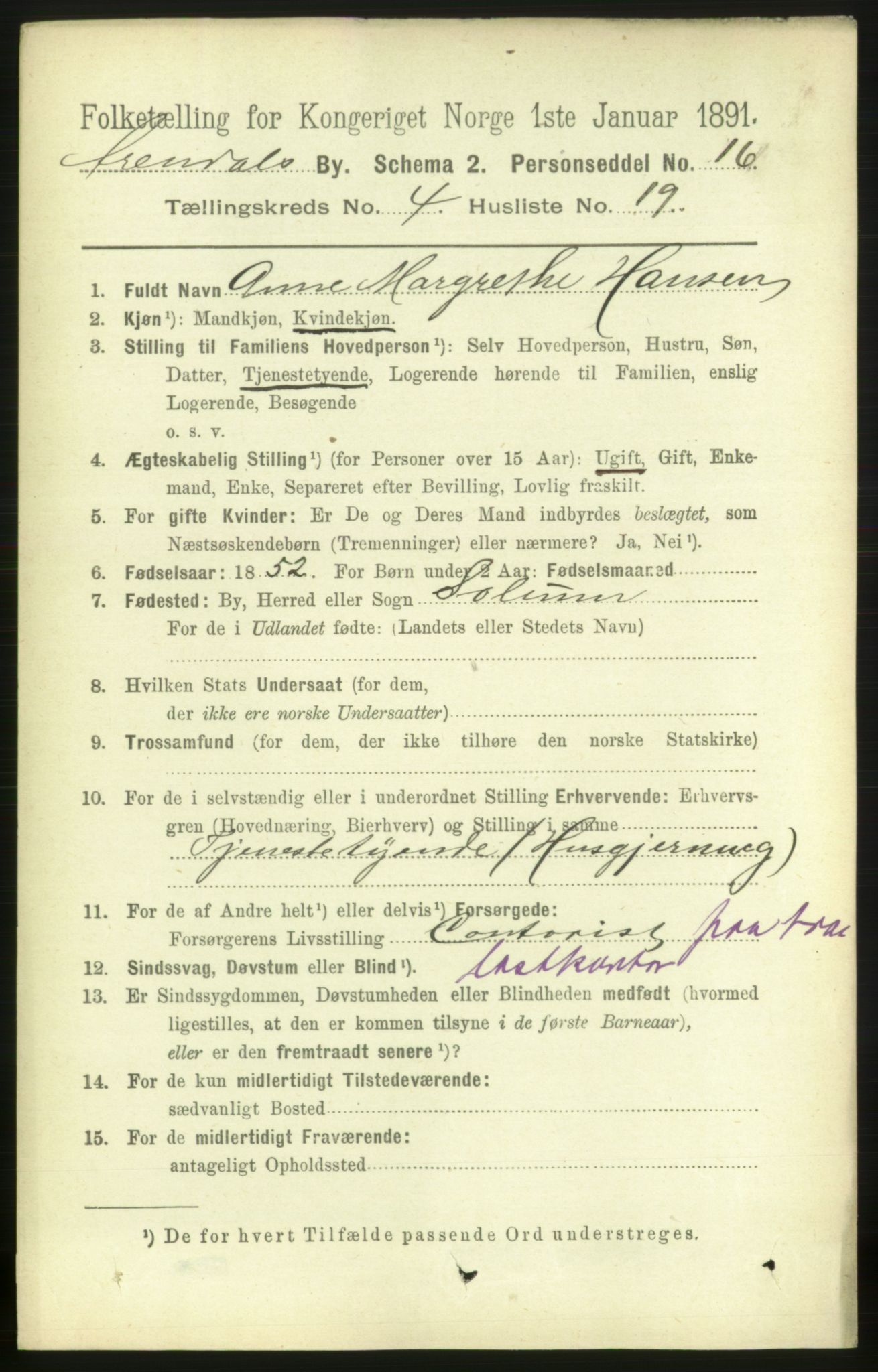 RA, 1891 census for 0903 Arendal, 1891, p. 1786