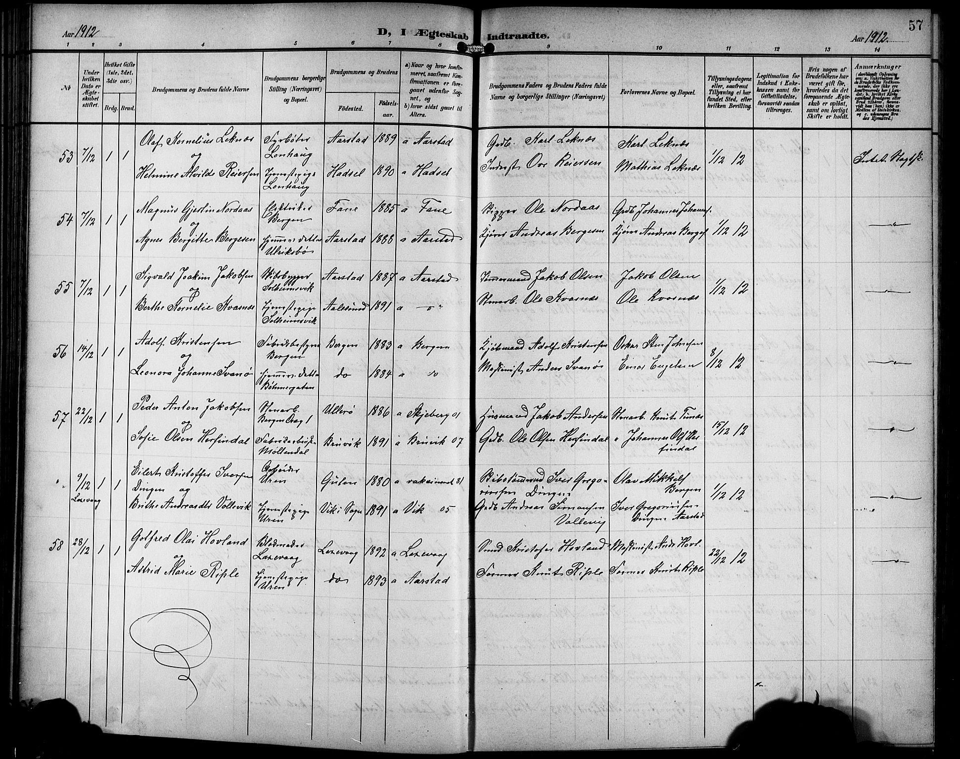 Årstad Sokneprestembete, AV/SAB-A-79301/H/Hab/L0018: Parish register (copy) no. C 1, 1902-1919, p. 57