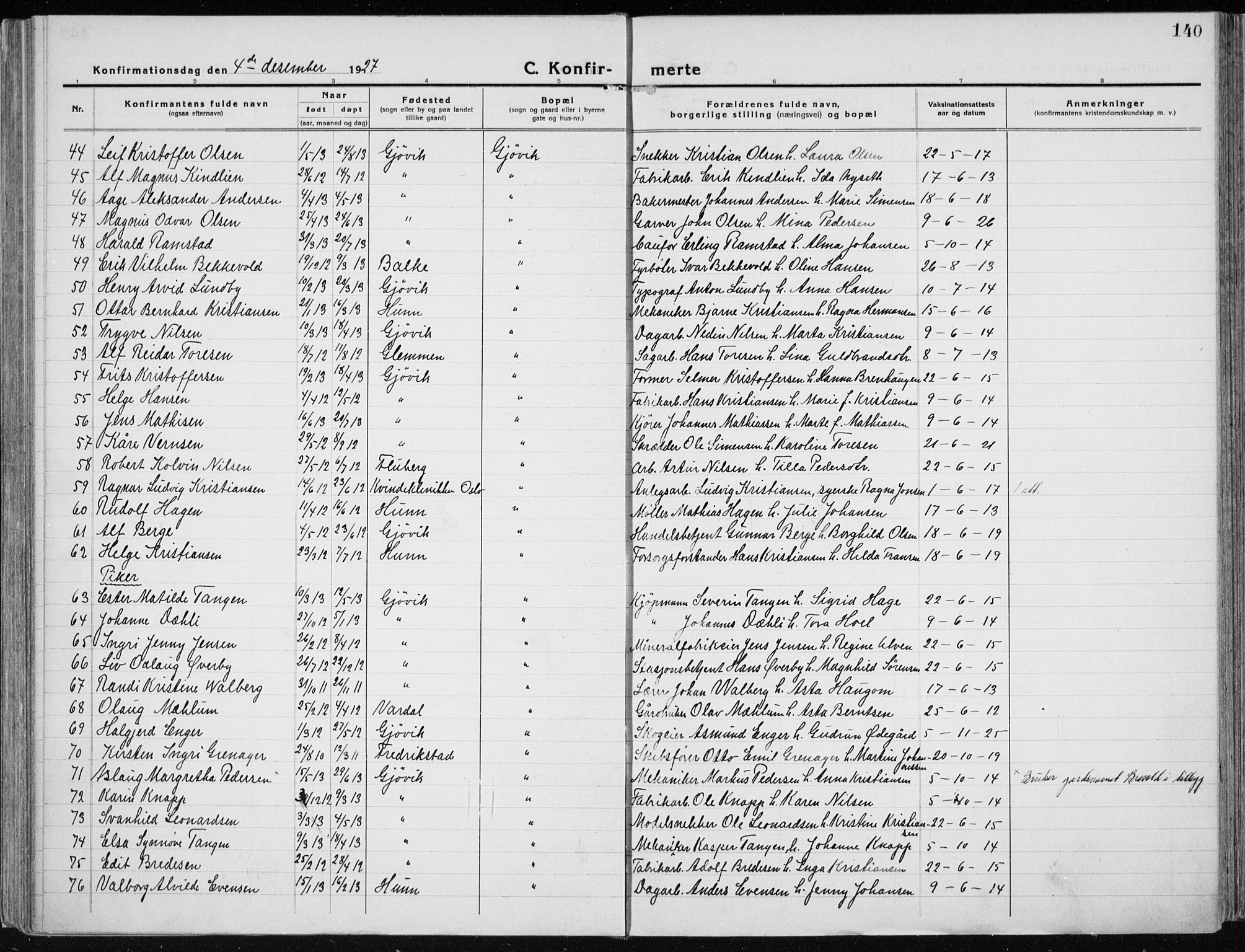 Vardal prestekontor, AV/SAH-PREST-100/H/Ha/Haa/L0015: Parish register (official) no. 15, 1923-1937, p. 140