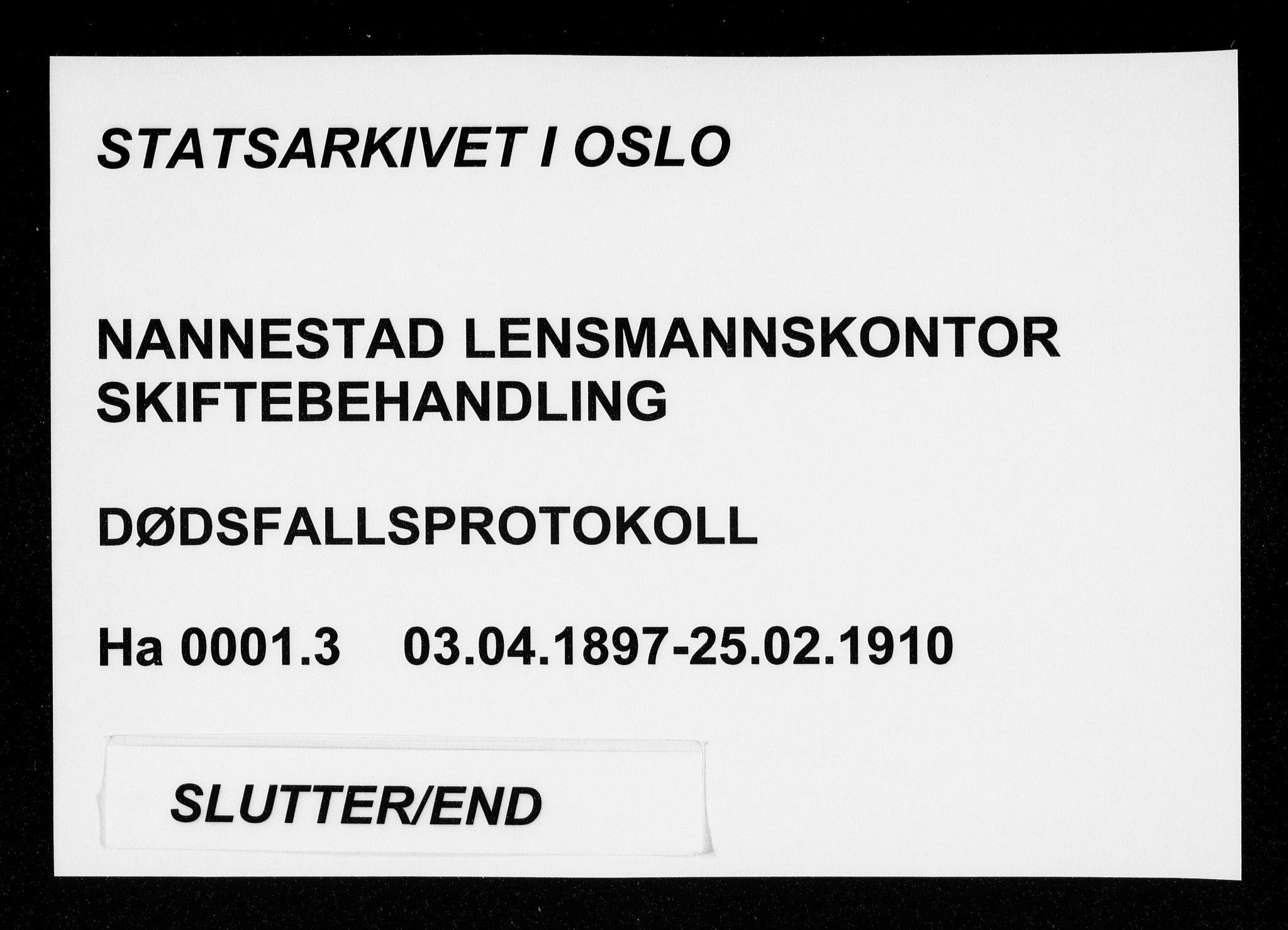 Nannestad lensmannskontor, SAO/A-10922/H/Ha/L0001: Dødsfallsprotokoller, 1897-1910