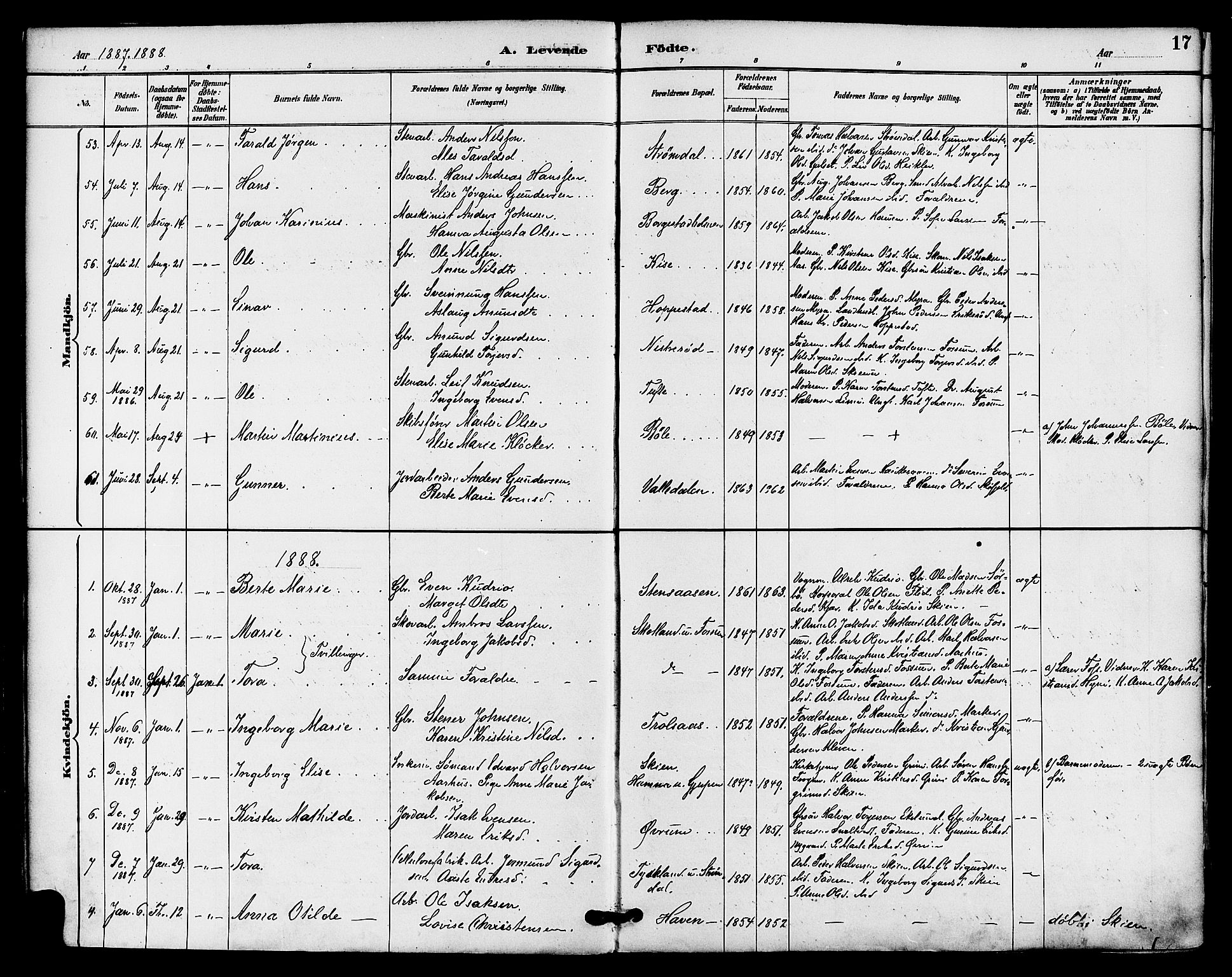 Gjerpen kirkebøker, SAKO/A-265/F/Fa/L0010: Parish register (official) no. I 10, 1886-1895, p. 17