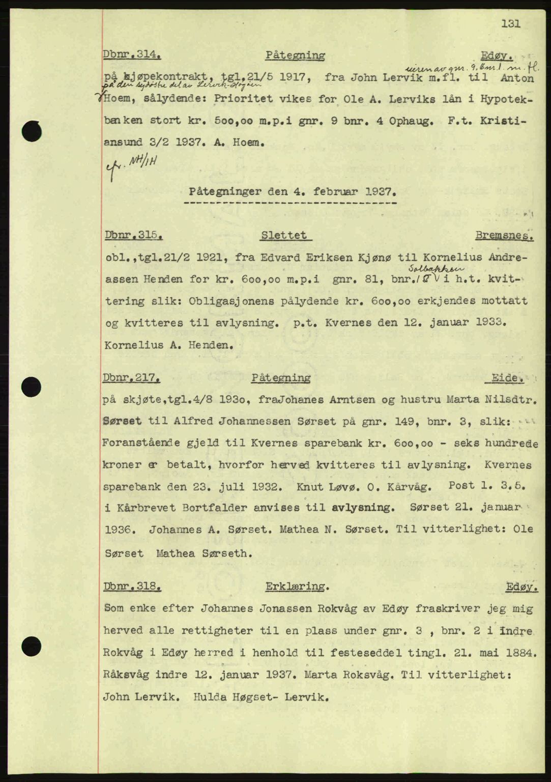 Nordmøre sorenskriveri, AV/SAT-A-4132/1/2/2Ca: Mortgage book no. C80, 1936-1939, Diary no: : 314/1937