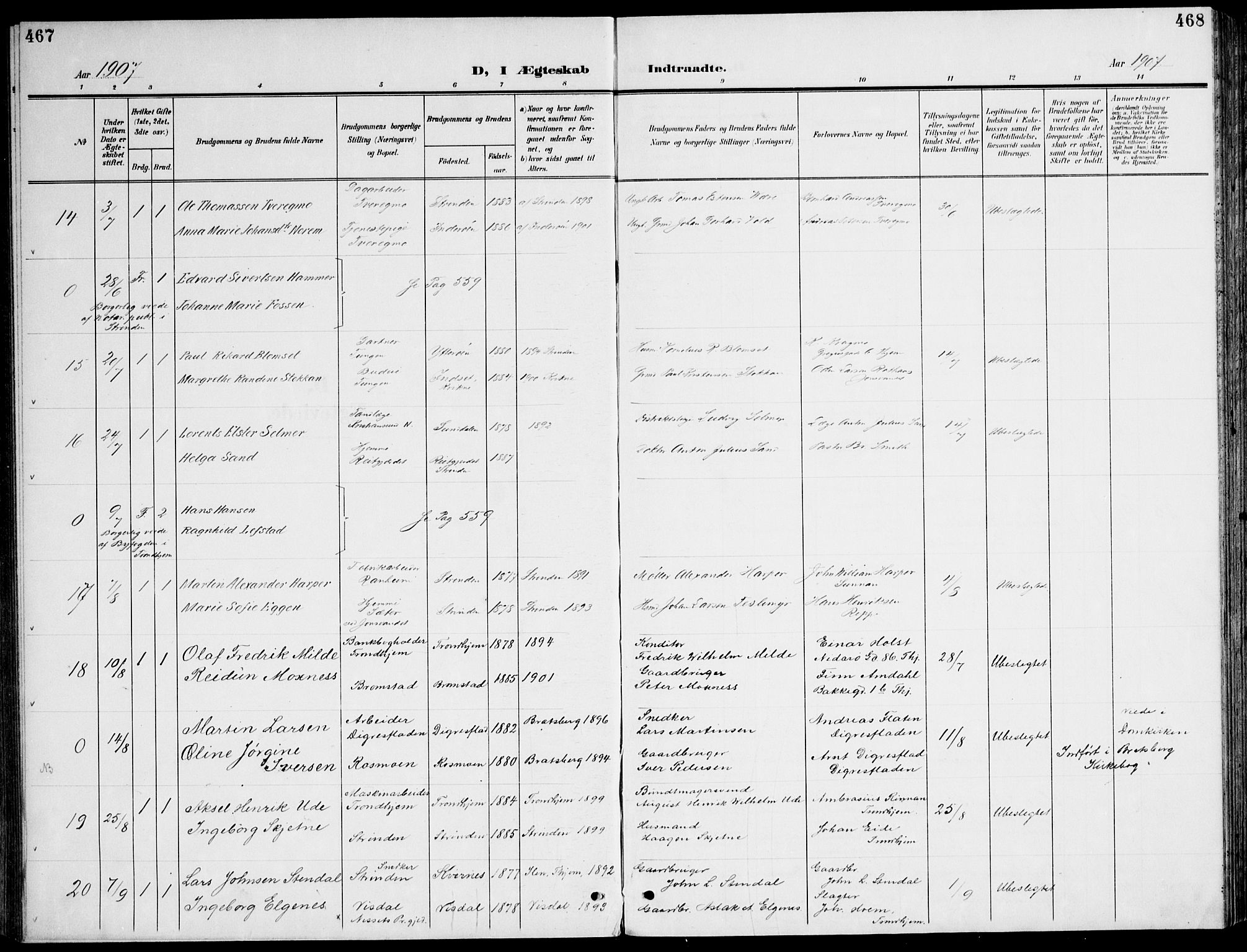 Ministerialprotokoller, klokkerbøker og fødselsregistre - Sør-Trøndelag, SAT/A-1456/607/L0320: Parish register (official) no. 607A04, 1907-1915, p. 467-468