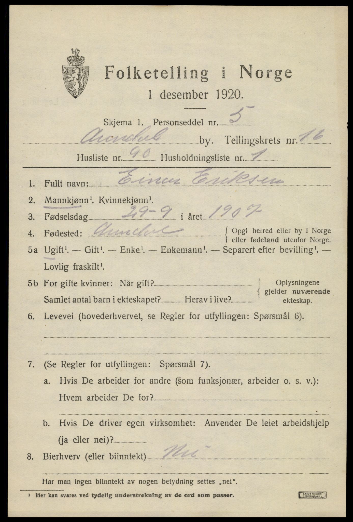 SAK, 1920 census for Arendal, 1920, p. 24038