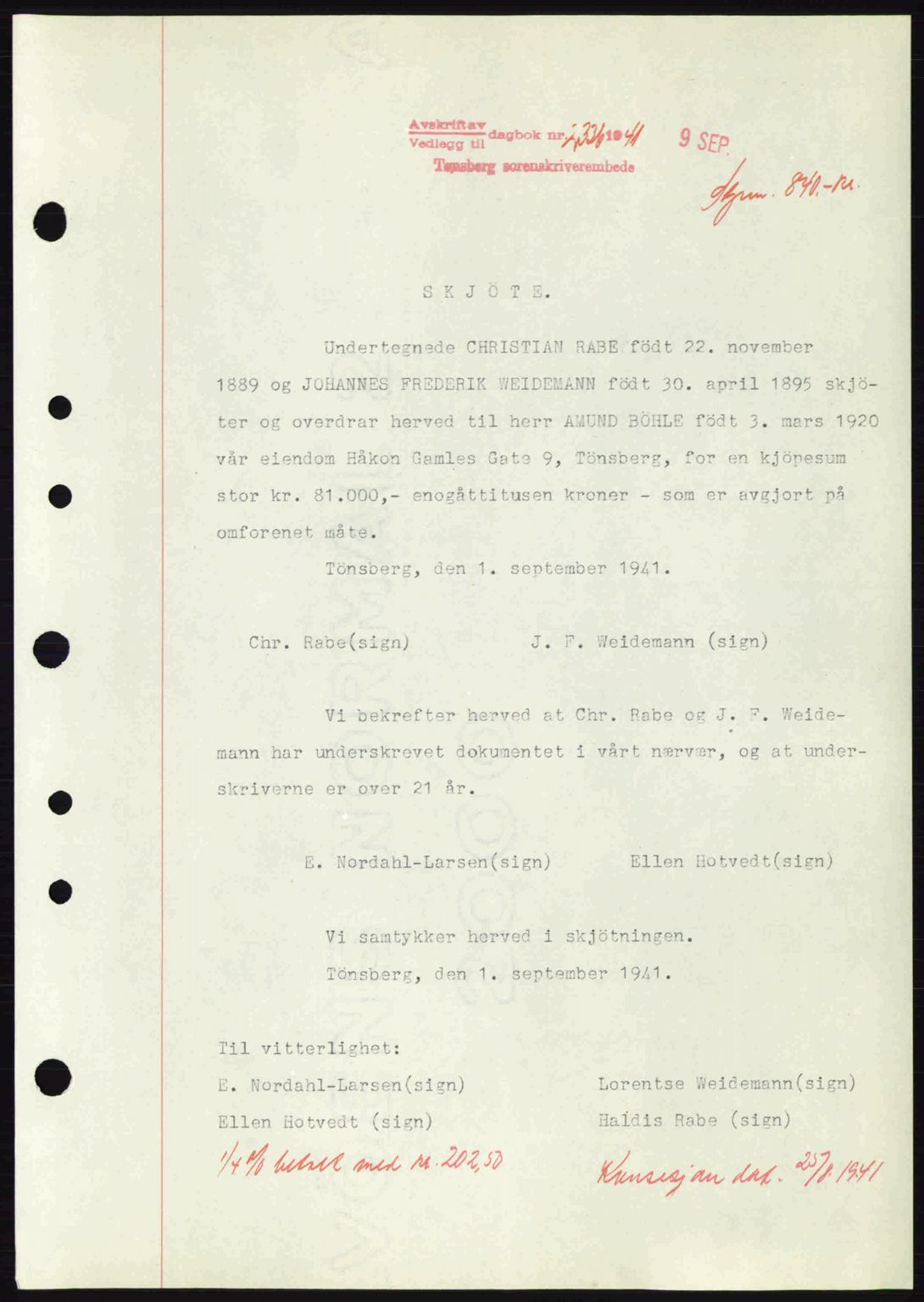 Tønsberg sorenskriveri, AV/SAKO-A-130/G/Ga/Gaa/L0010: Mortgage book no. A10, 1941-1941, Diary no: : 2336/1941