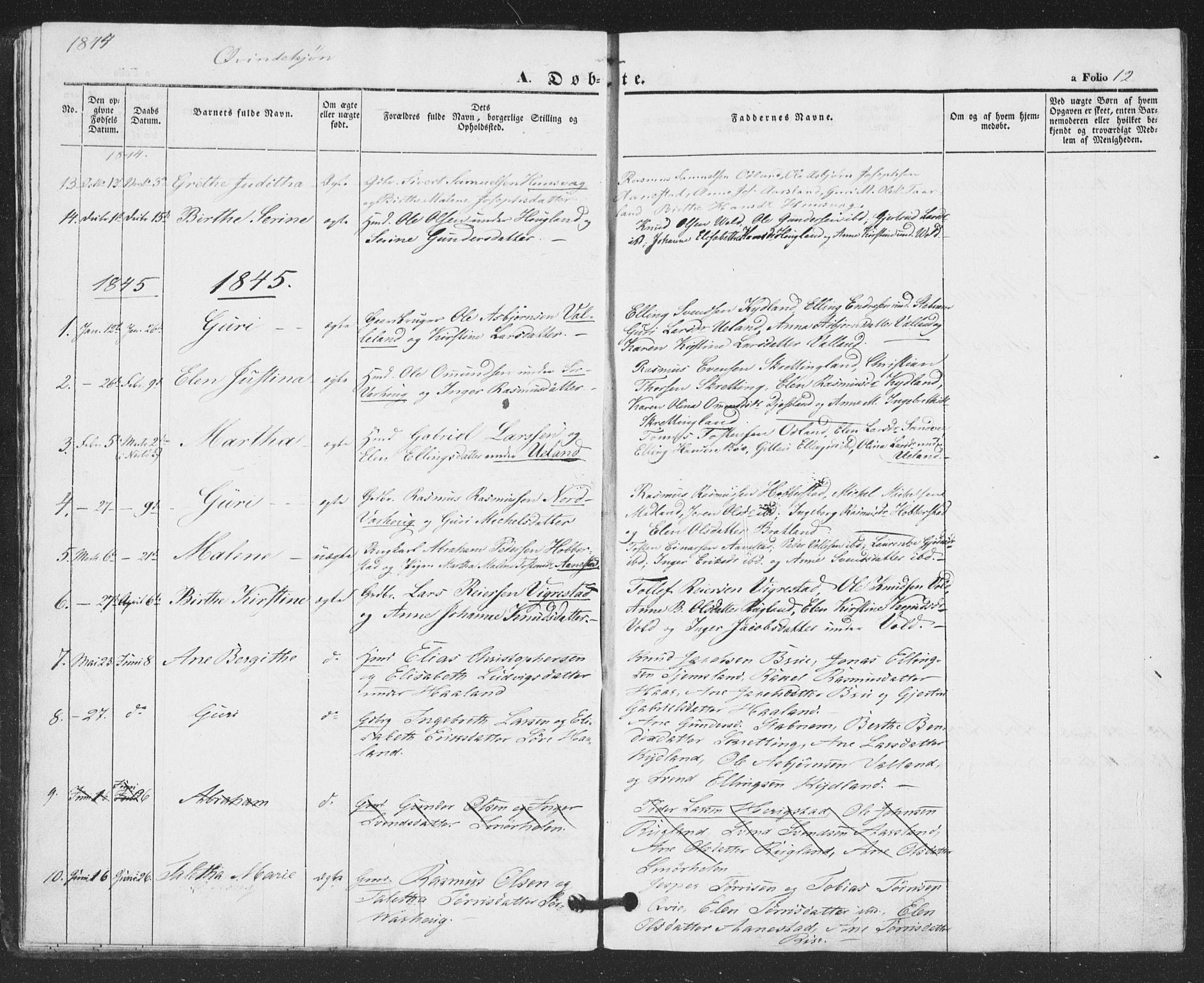 Hå sokneprestkontor, AV/SAST-A-101801/001/30BA/L0007: Parish register (official) no. A 6, 1842-1855, p. 12
