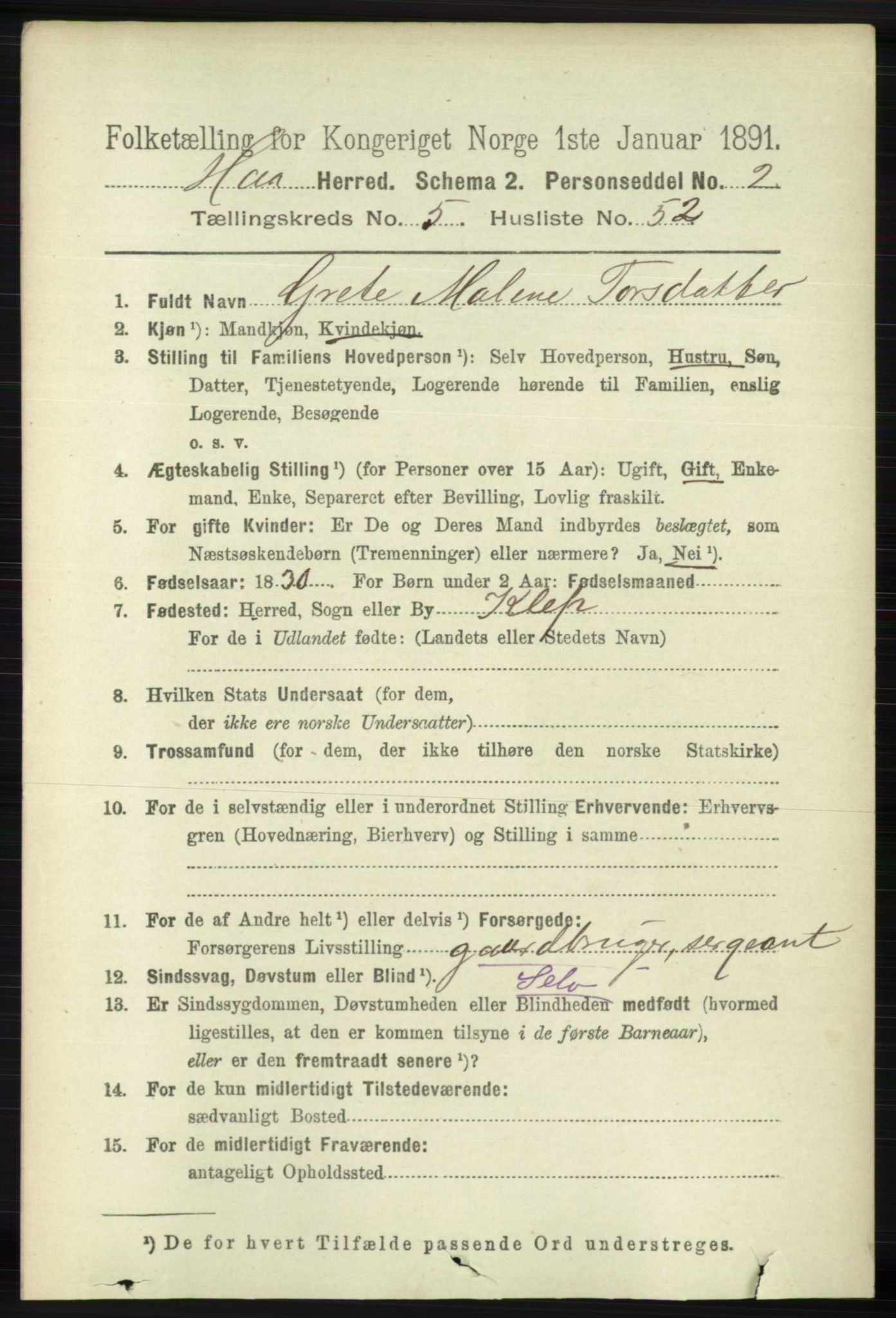 RA, 1891 census for 1119 Hå, 1891, p. 1681