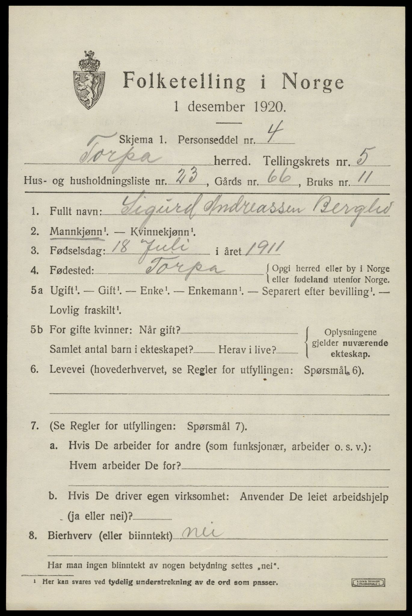 SAH, 1920 census for Torpa, 1920, p. 3747