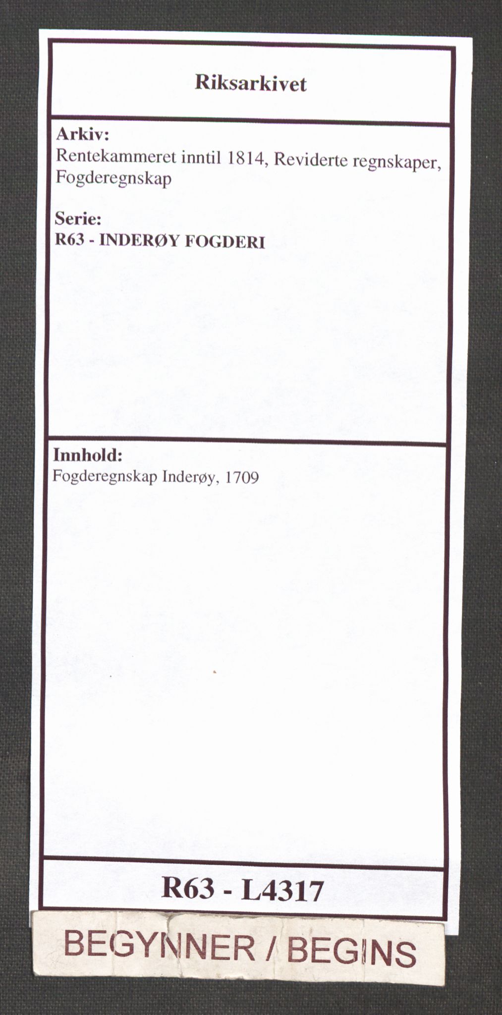 Rentekammeret inntil 1814, Reviderte regnskaper, Fogderegnskap, RA/EA-4092/R63/L4317: Fogderegnskap Inderøy, 1709, p. 1