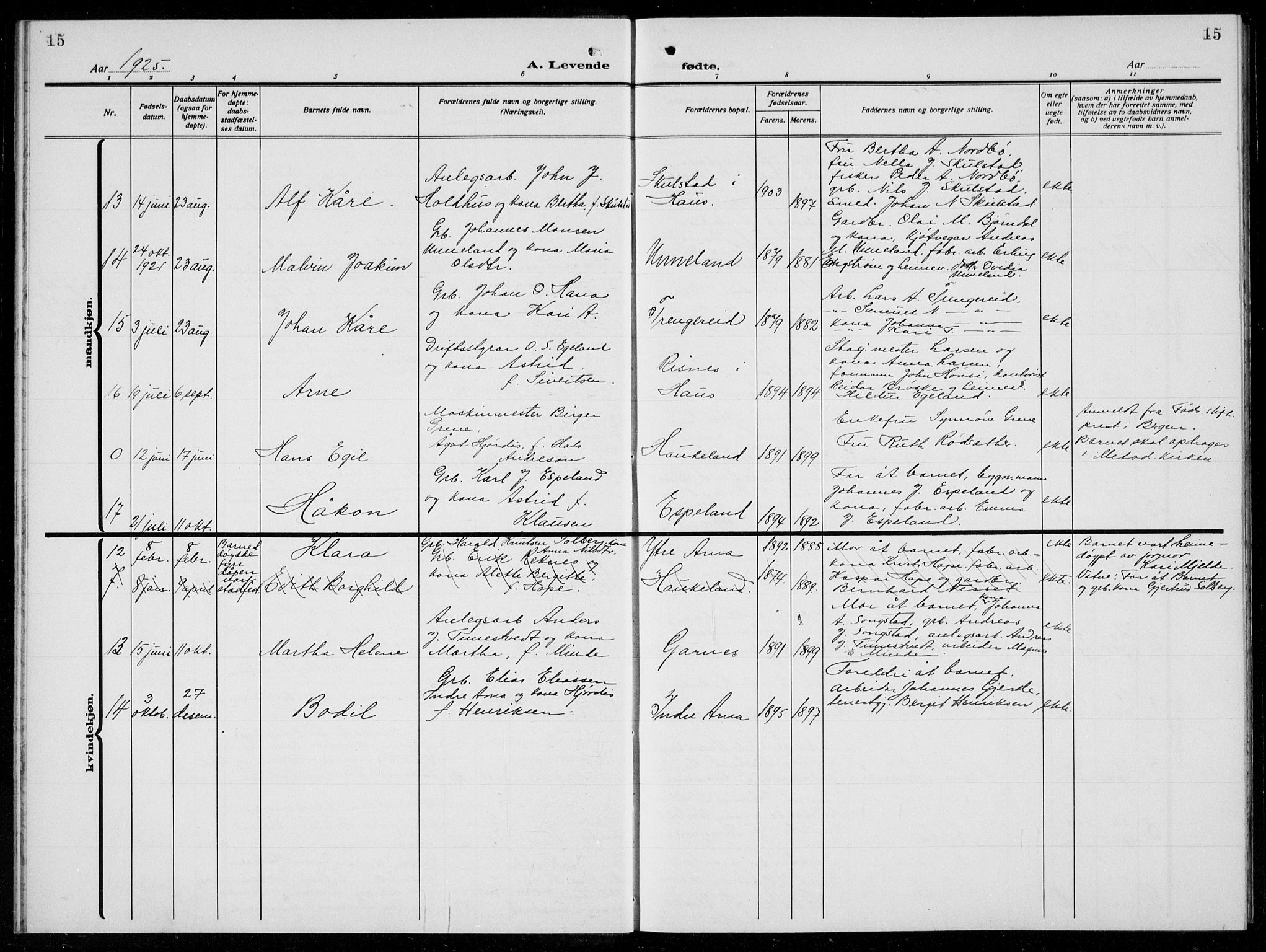 Arna Sokneprestembete, AV/SAB-A-74001/H/Ha/Hab: Parish register (copy) no. A  6, 1922-1936, p. 15