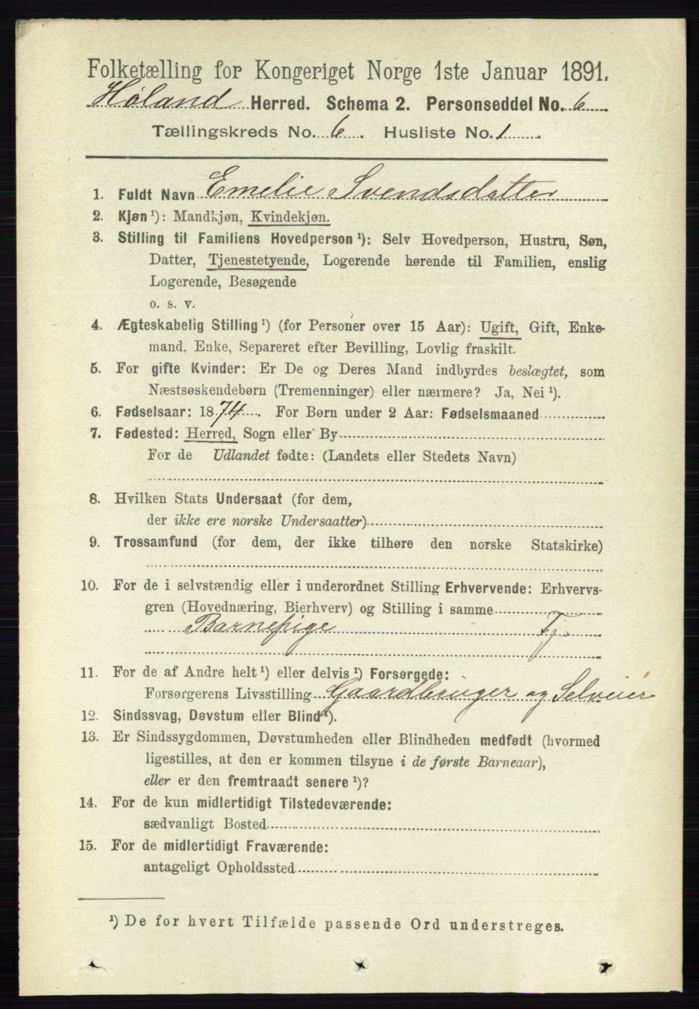 RA, 1891 census for 0221 Høland, 1891, p. 4345