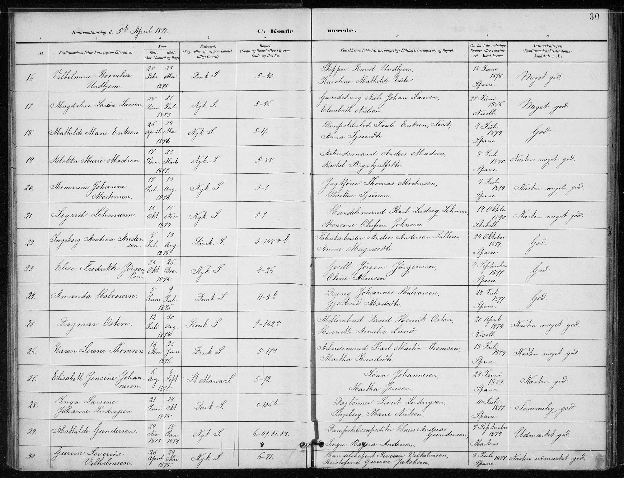 Nykirken Sokneprestembete, AV/SAB-A-77101/H/Haa/L0028: Parish register (official) no. C 7, 1887-1913, p. 30