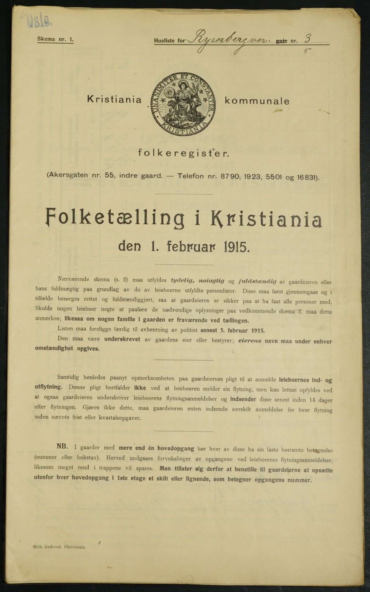 OBA, Municipal Census 1915 for Kristiania, 1915, p. 85309