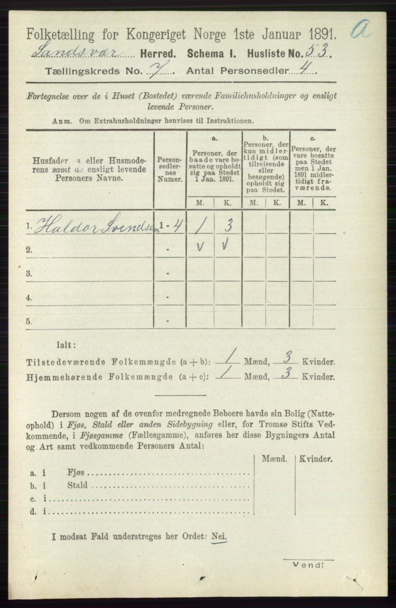 RA, 1891 census for 0629 Sandsvær, 1891, p. 3973