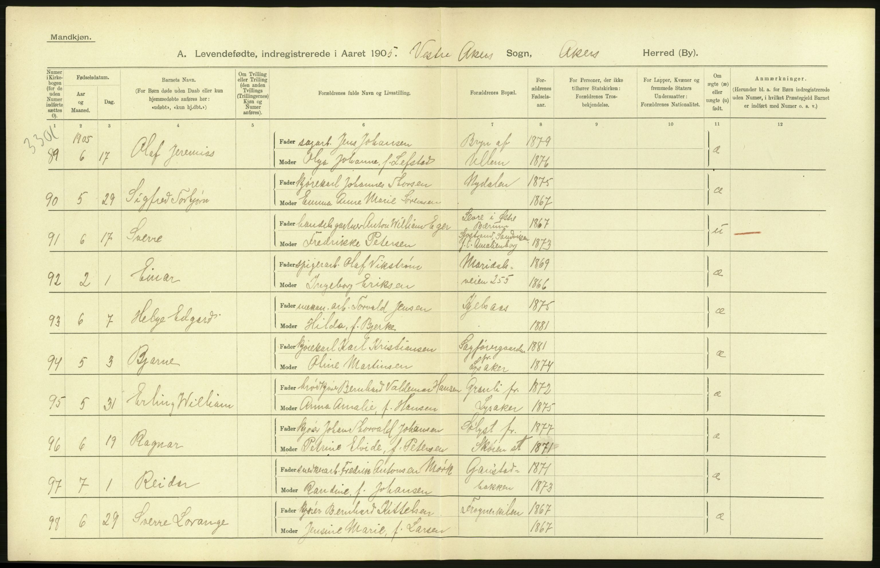 Statistisk sentralbyrå, Sosiodemografiske emner, Befolkning, RA/S-2228/D/Df/Dfa/Dfac/L0004: Akershus amt: Fødte. Bygder., 1905, p. 20