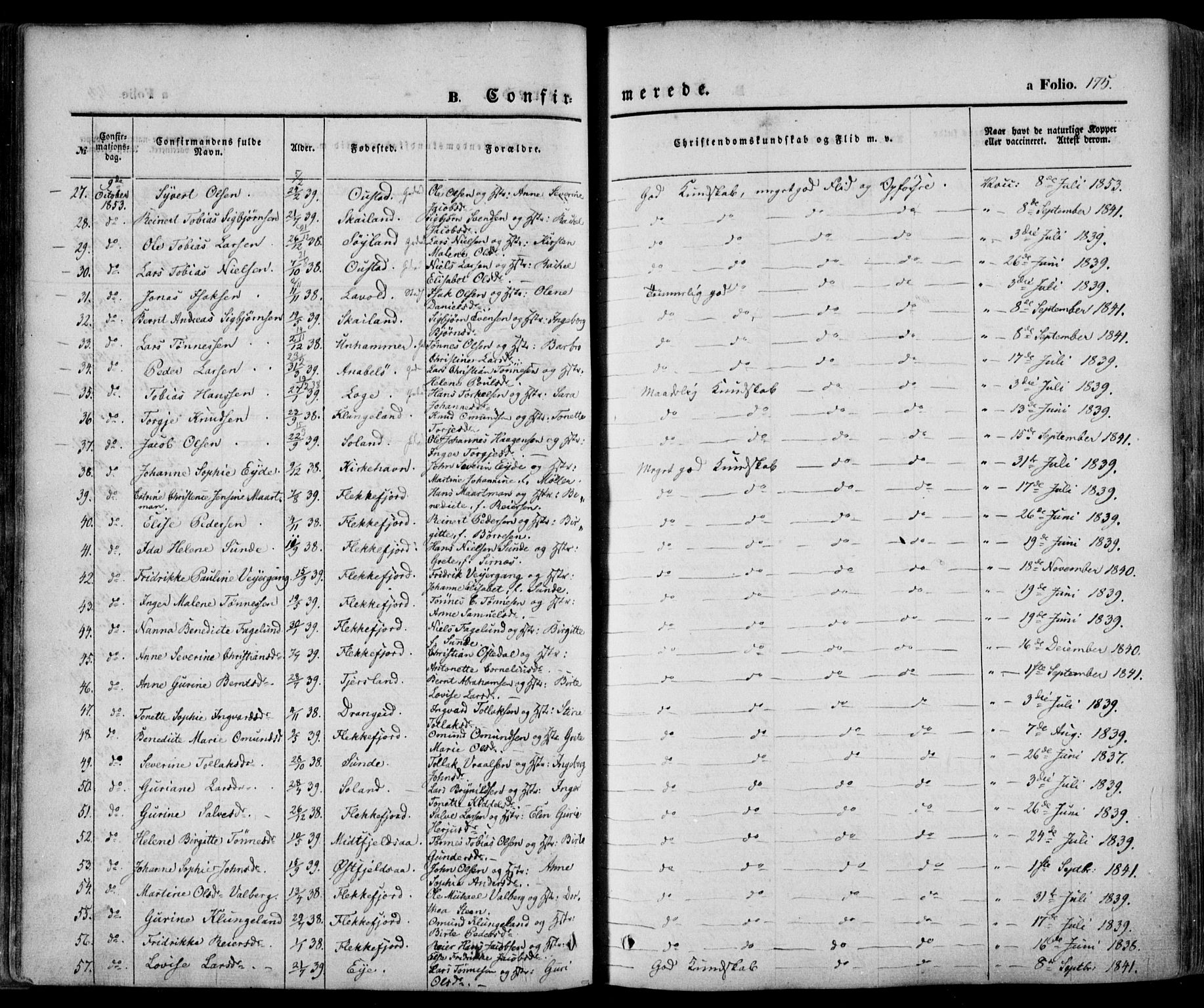 Flekkefjord sokneprestkontor, SAK/1111-0012/F/Fa/Fac/L0005: Parish register (official) no. A 5, 1849-1875, p. 175