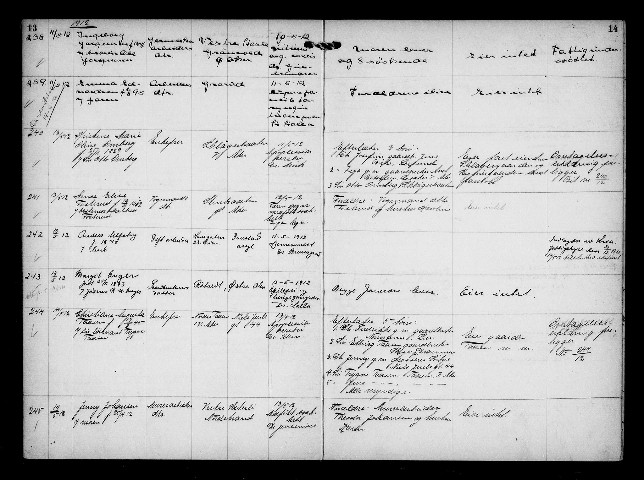 Aker kriminaldommer, skifte- og auksjonsforvalterembete, AV/SAO-A-10452/H/Hb/Hba/Hbaa/L0003: Dødsfallsprotokoll, 1912-1914, p. 13-14