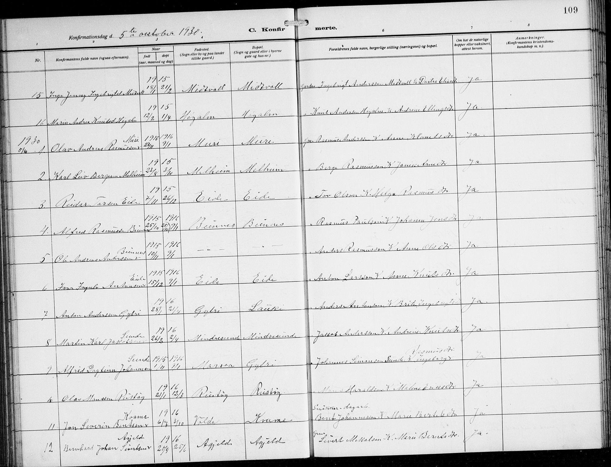 Innvik sokneprestembete, AV/SAB-A-80501: Parish register (copy) no. B 5, 1915-1943, p. 109