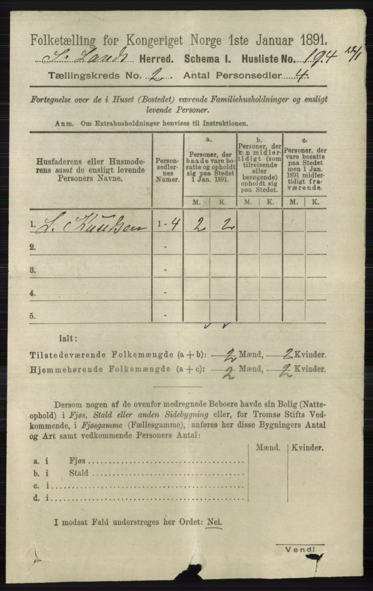 RA, 1891 census for 0536 Søndre Land, 1891, p. 1025