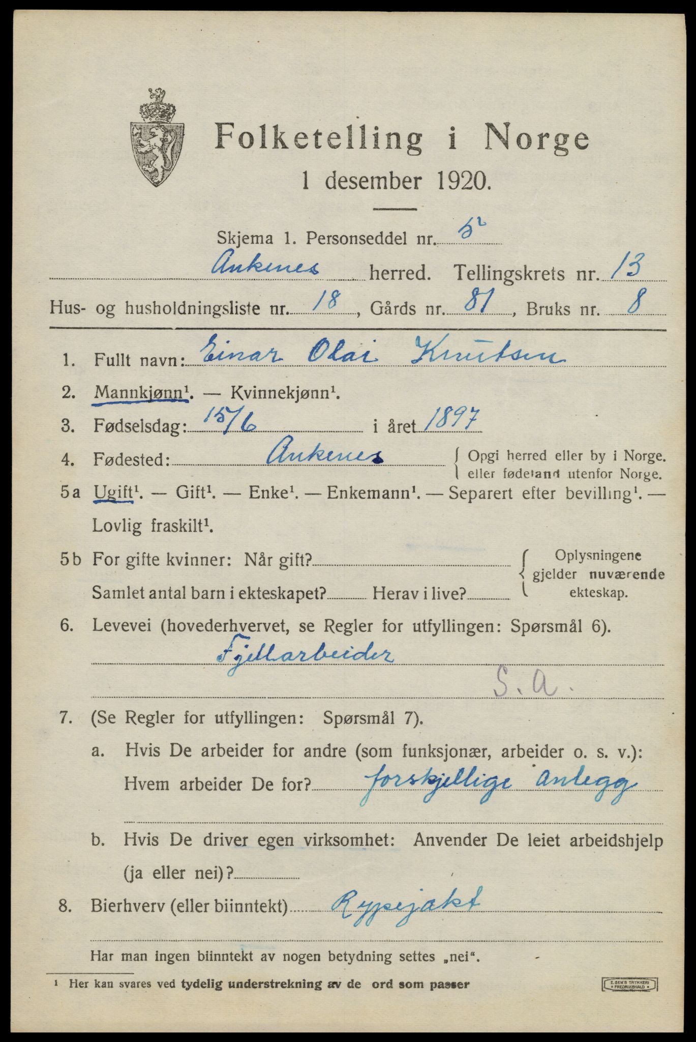 SAT, 1920 census for Ankenes, 1920, p. 6805