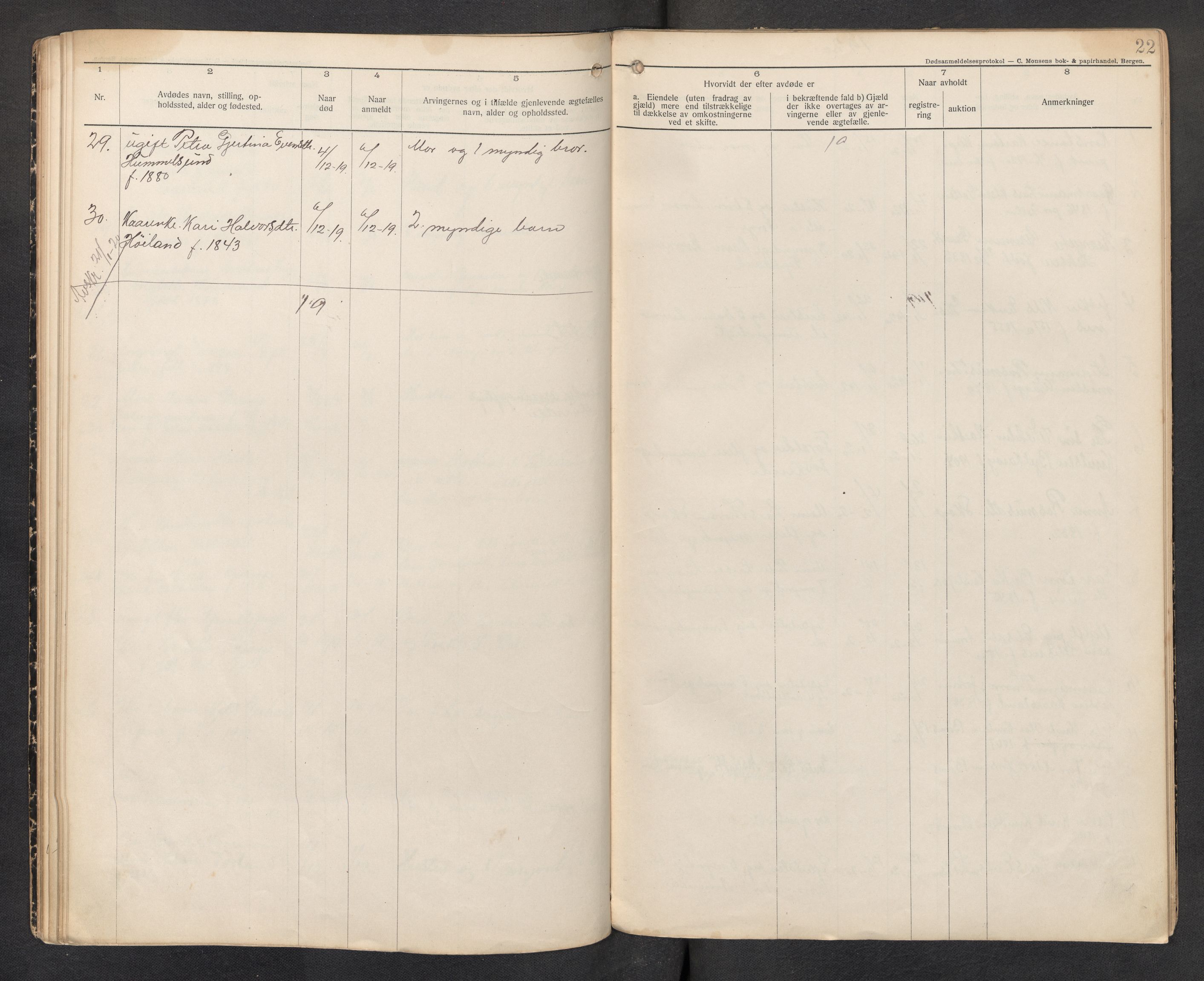 Lensmannen i Sund og Austevoll, AV/SAB-A-35201/0006/L0002: Dødsfallprotokoll - Sund, 1912-1926, p. 21b-22a