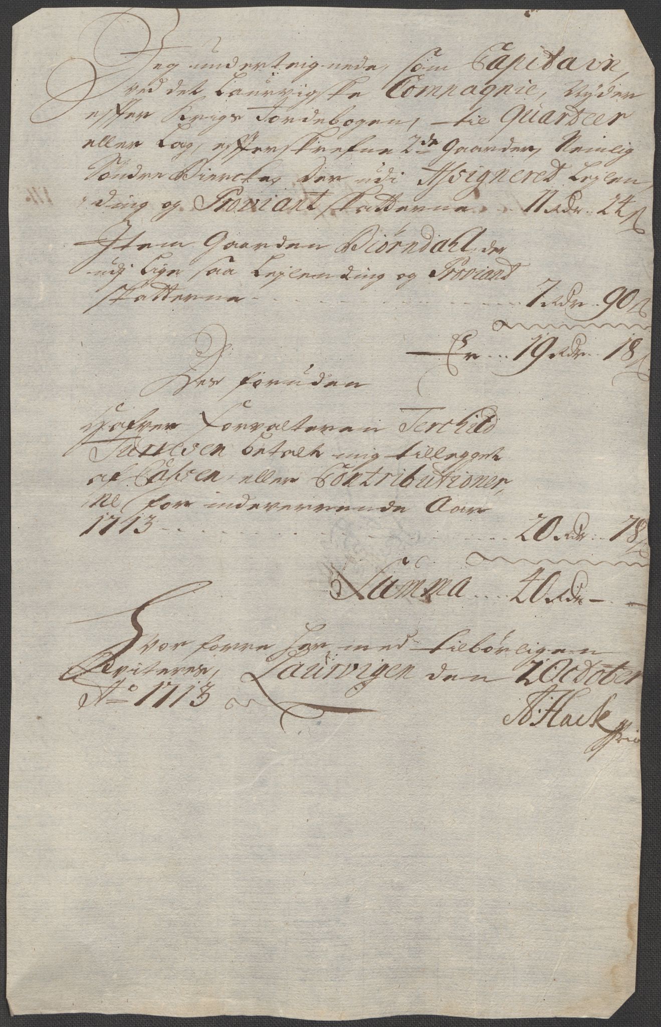 Rentekammeret inntil 1814, Reviderte regnskaper, Fogderegnskap, RA/EA-4092/R33/L1985: Fogderegnskap Larvik grevskap, 1713, p. 354