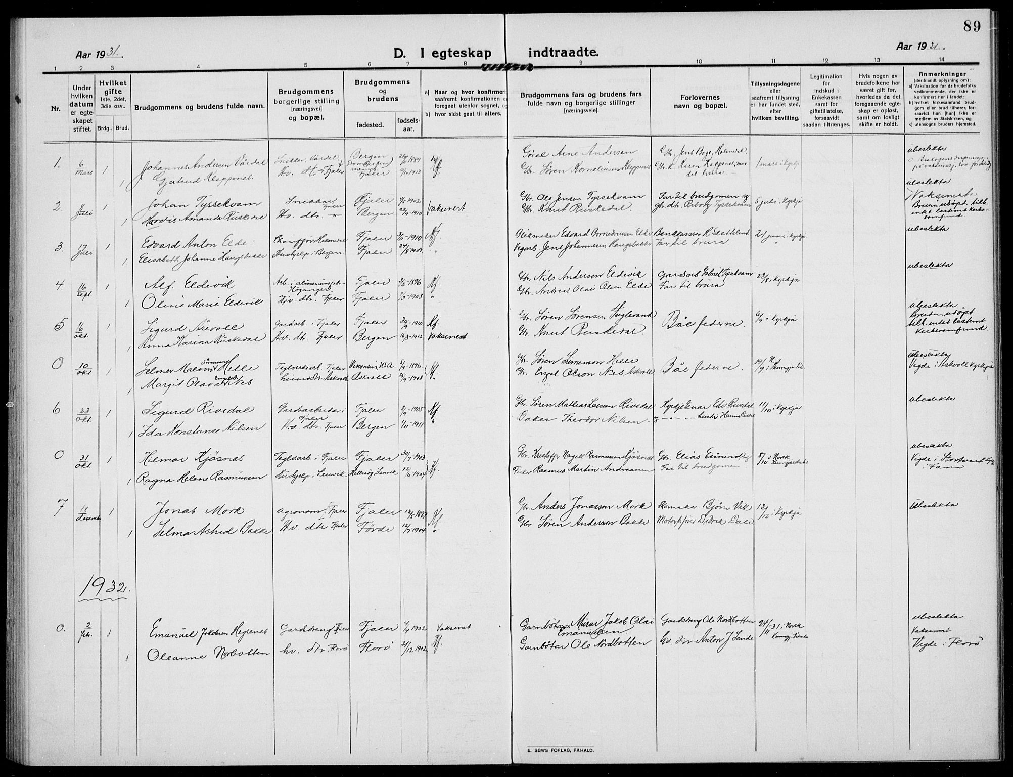 Fjaler sokneprestembete, AV/SAB-A-79801/H/Hab/Habb/L0003: Parish register (copy) no. B 3, 1913-1940, p. 89