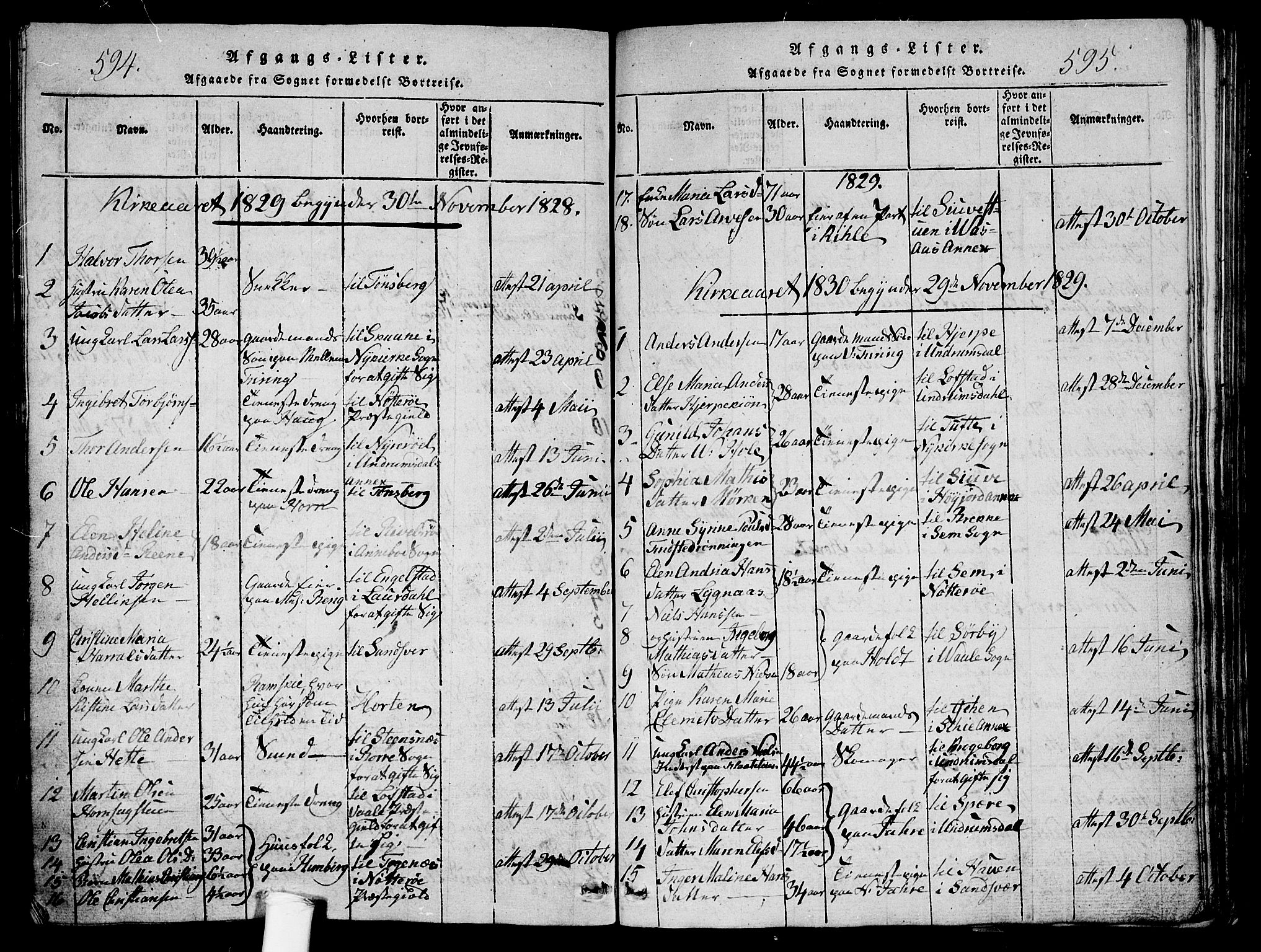 Ramnes kirkebøker, SAKO/A-314/G/Ga/L0001: Parish register (copy) no. I 1, 1813-1847, p. 594-595