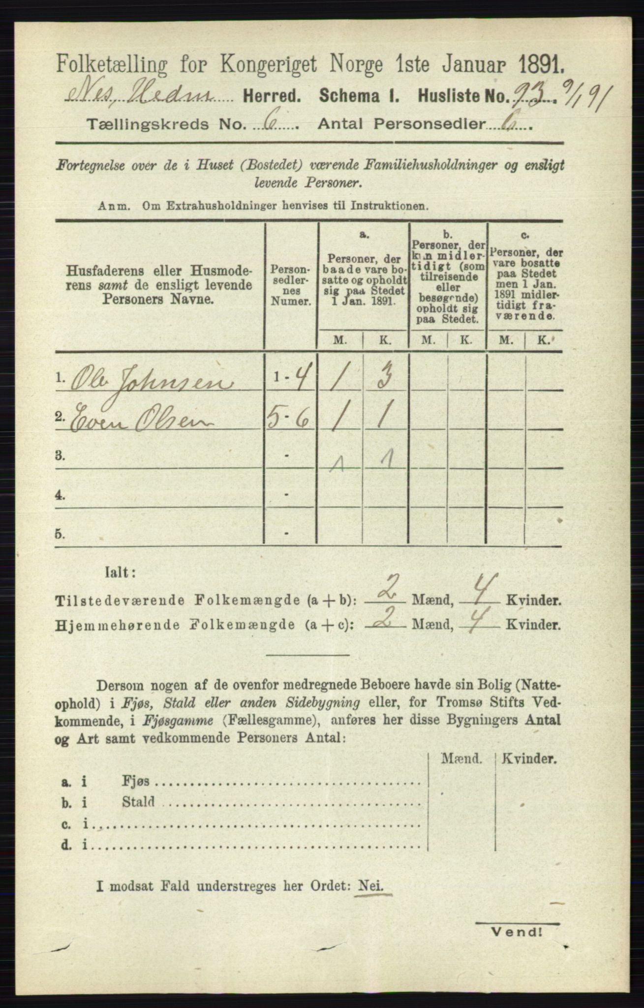 RA, 1891 census for 0411 Nes, 1891, p. 3261