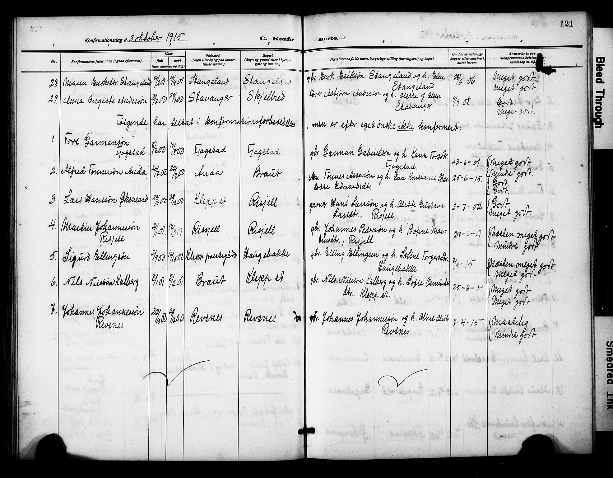 Klepp sokneprestkontor, AV/SAST-A-101803/001/3/30BB/L0007: Parish register (copy) no. B 7, 1908-1934, p. 121