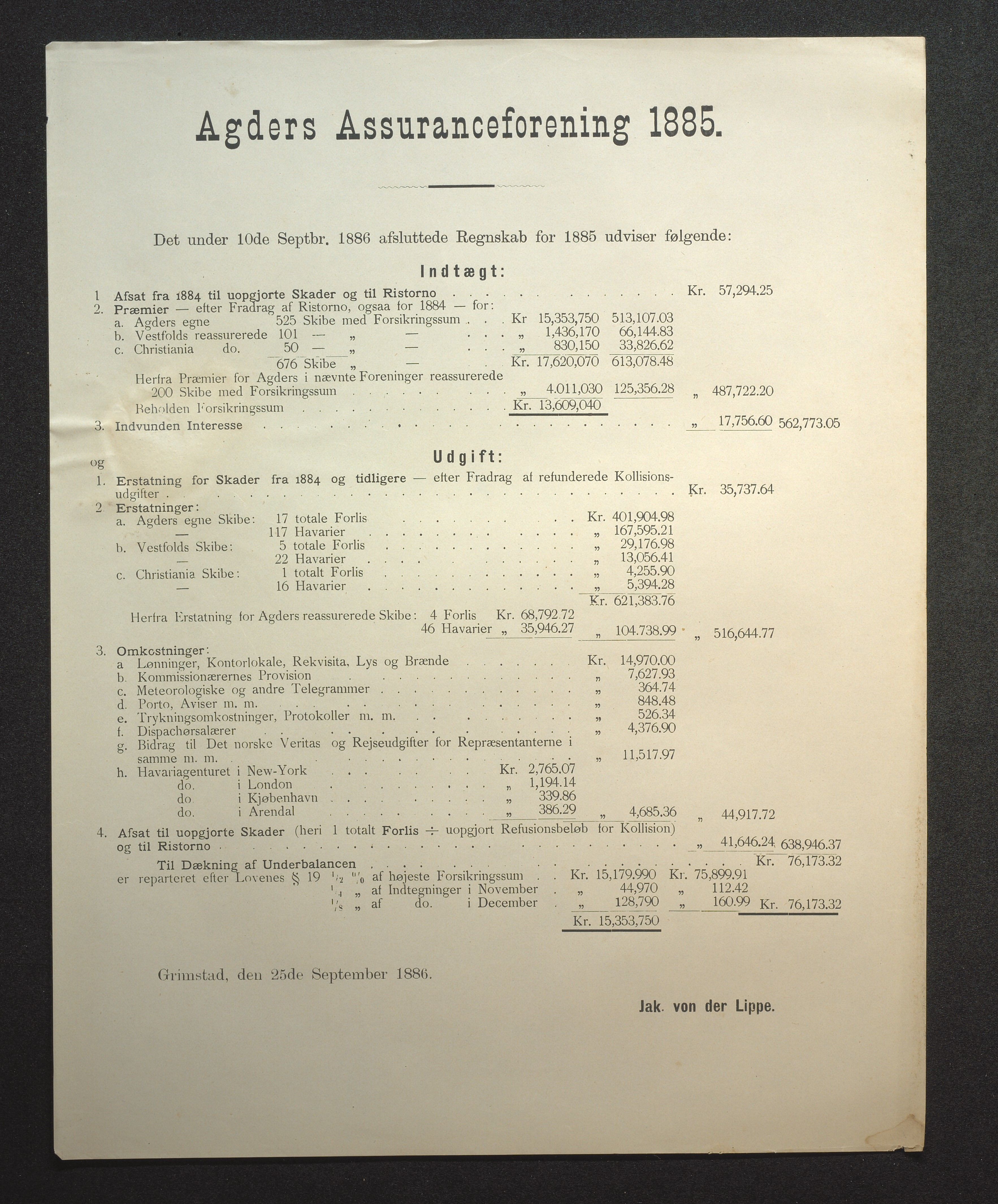 Agders Gjensidige Assuranceforening, AAKS/PA-1718/05/L0002: Regnskap, seilavdeling, pakkesak, 1881-1889