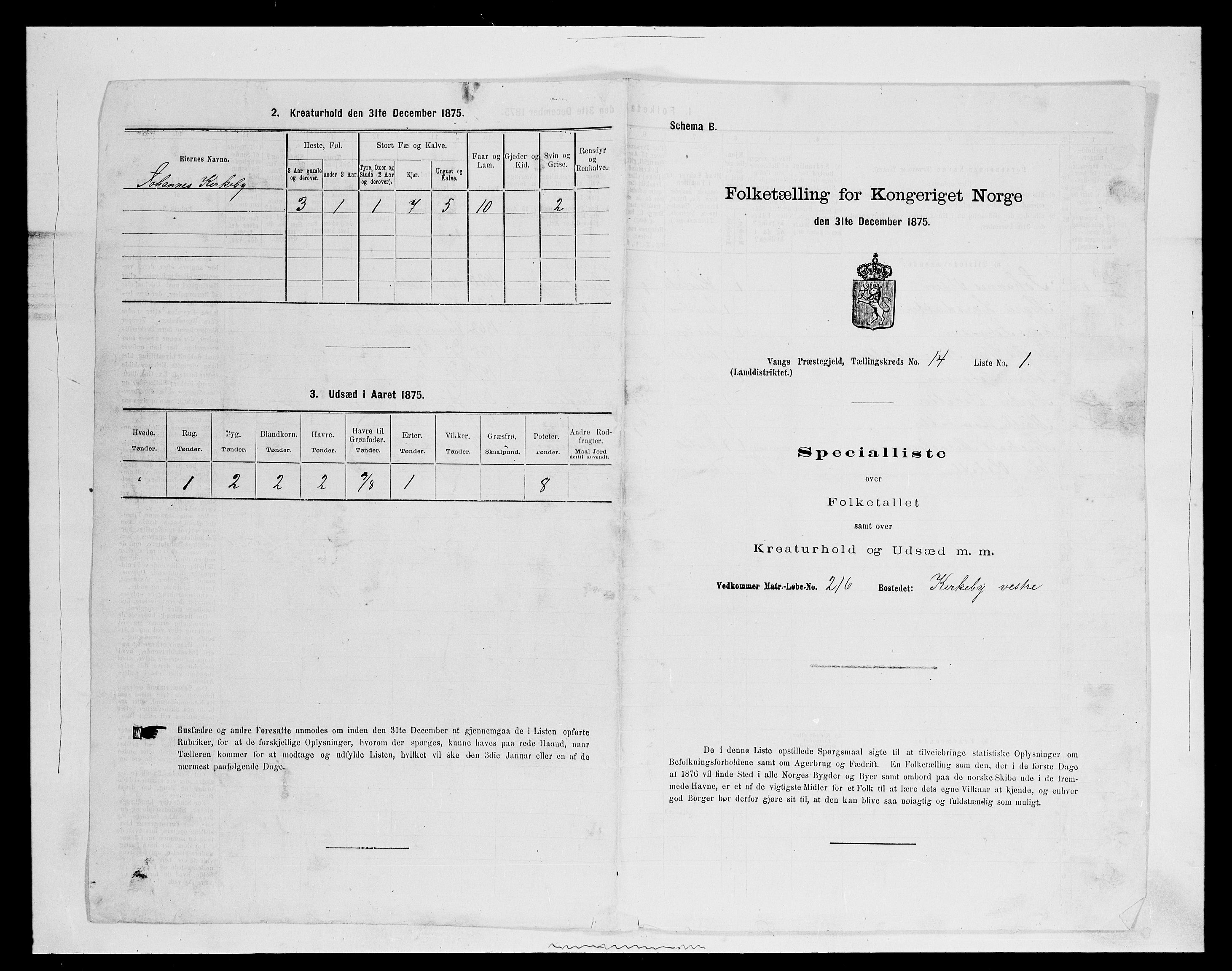 SAH, 1875 census for 0414L Vang/Vang og Furnes, 1875, p. 2971