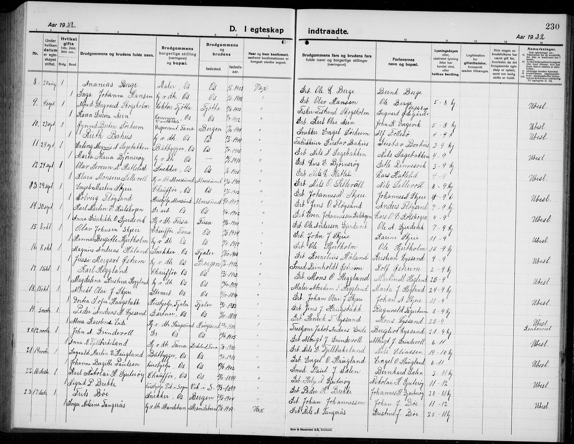 Os sokneprestembete, SAB/A-99929: Parish register (copy) no. A 5, 1923-1941, p. 230