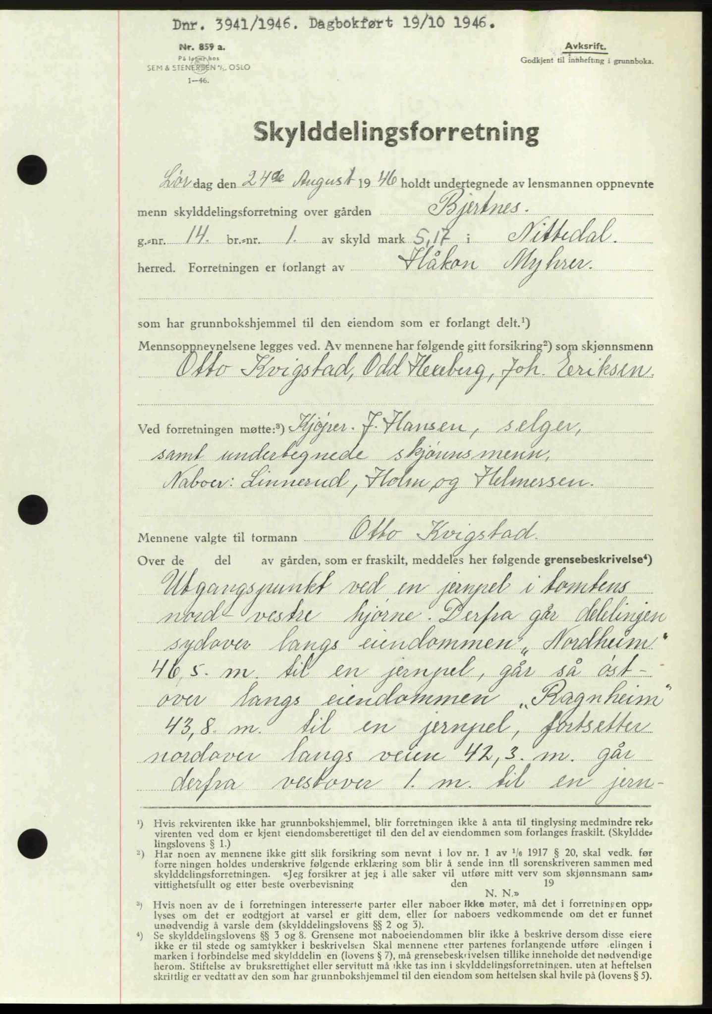 Nedre Romerike sorenskriveri, AV/SAO-A-10469/G/Gb/Gbd/L0017: Mortgage book no. 17, 1946-1946, Diary no: : 3941/1946