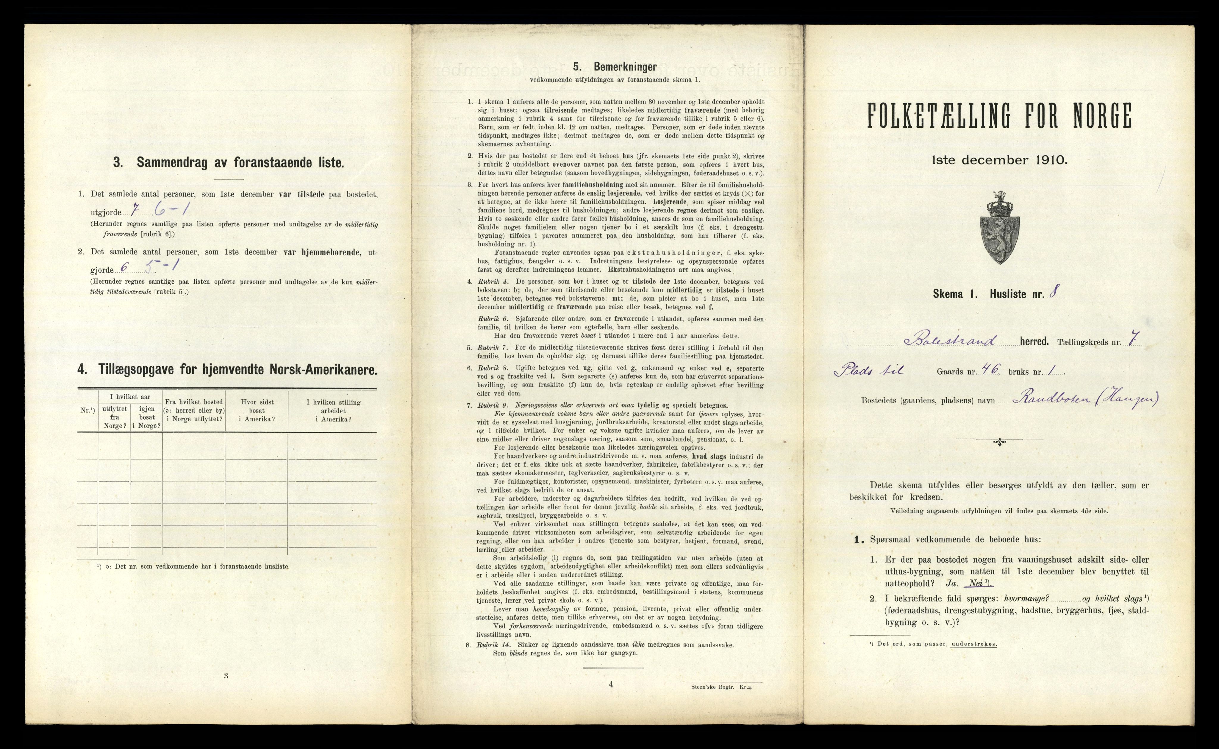 RA, 1910 census for Balestrand, 1910, p. 498