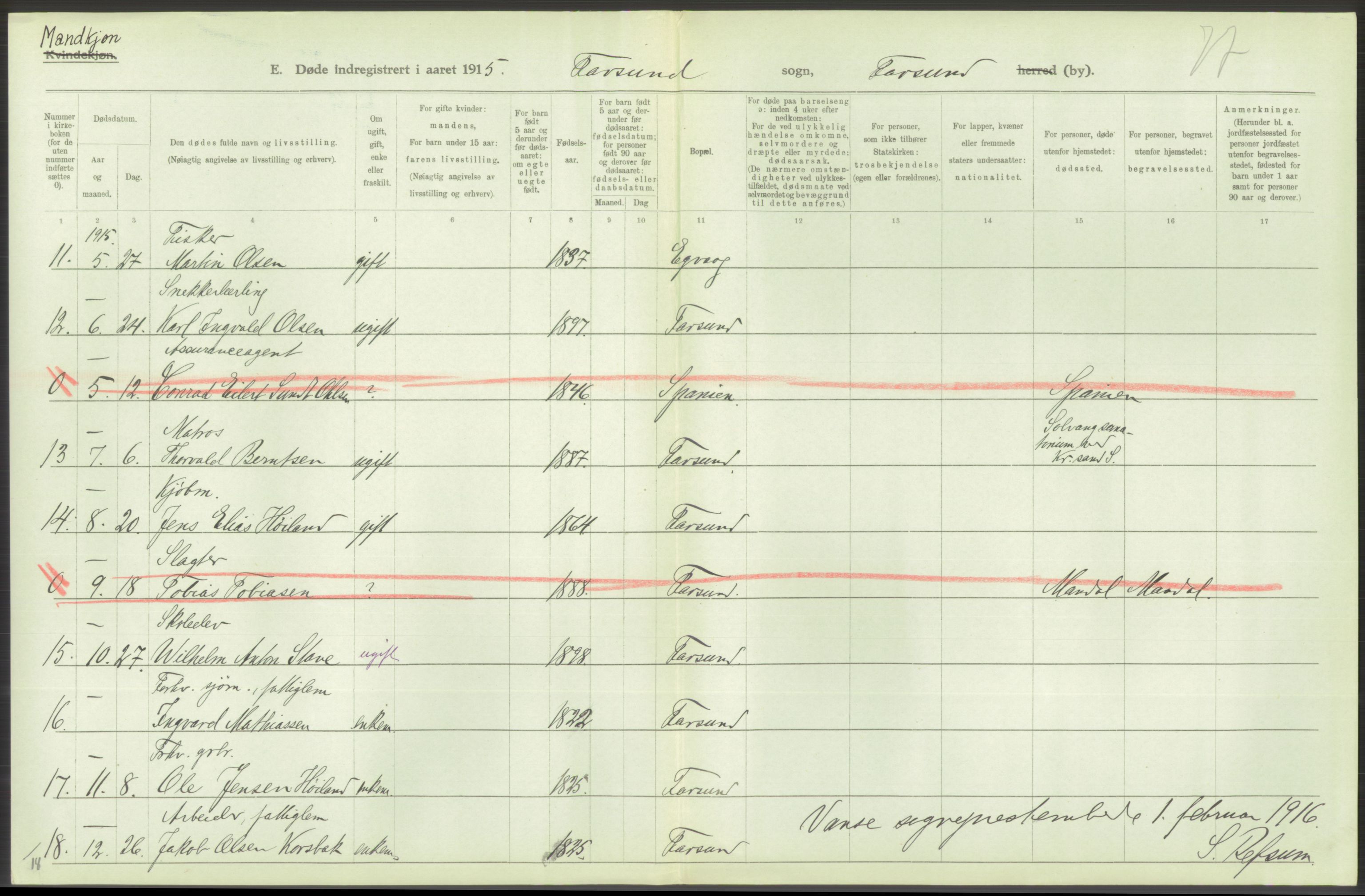 Statistisk sentralbyrå, Sosiodemografiske emner, Befolkning, AV/RA-S-2228/D/Df/Dfb/Dfbe/L0026: Lister og Mandals amt: Døde, dødfødte. Bygder og byer., 1915, p. 338