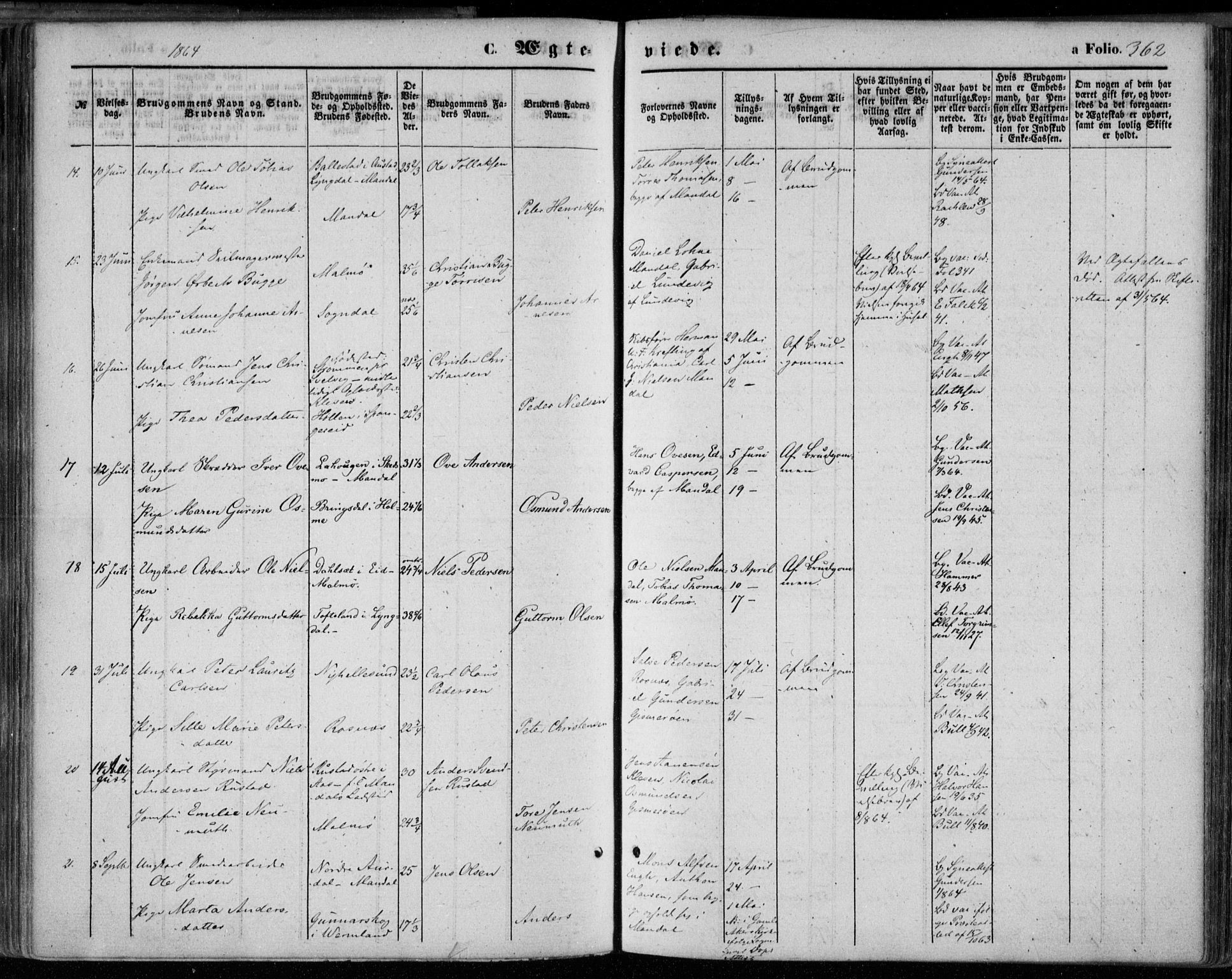 Mandal sokneprestkontor, AV/SAK-1111-0030/F/Fa/Faa/L0014: Parish register (official) no. A 14, 1859-1872, p. 362