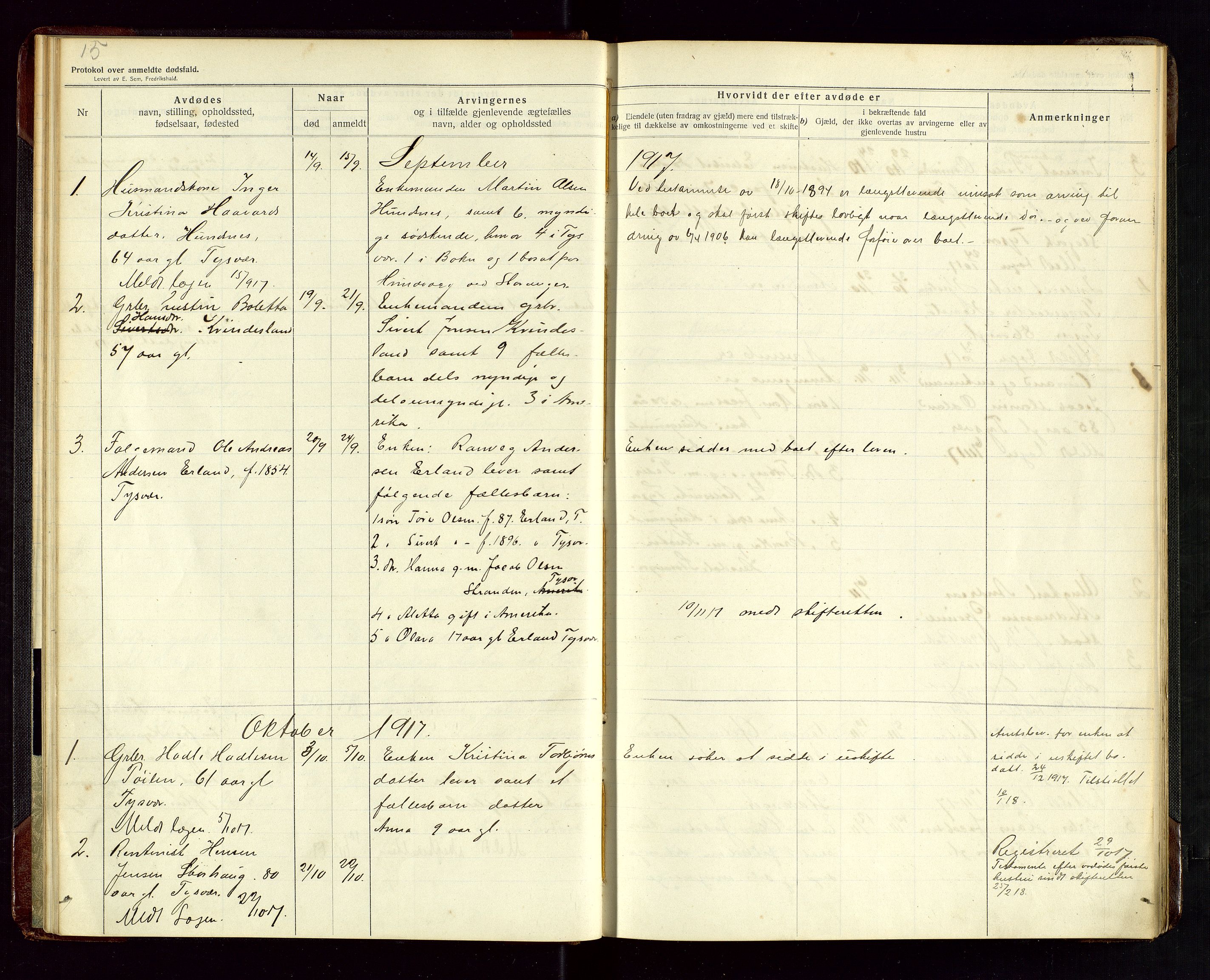 Tysvær lensmannskontor, AV/SAST-A-100192/Gga/L0003: "Protokol over anmeldte dødsfald i Tysvær" med register, 1916-1926, p. 15