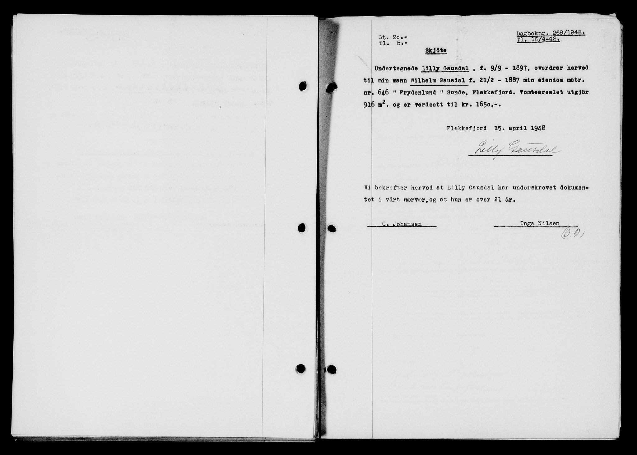 Flekkefjord sorenskriveri, SAK/1221-0001/G/Gb/Gba/L0063: Mortgage book no. A-11, 1947-1948, Diary no: : 269/1948